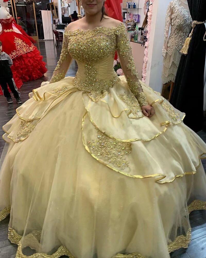 Elegant Gold Appliques Crystal Off-Shoulder Long Sleeve Quinceañera Dress - Ball Gown Prom Sweet 16 Formal Gown for Girls 2025 | Perfect for Quinceañeras, Prom Nights, Weddings & Special Occasions