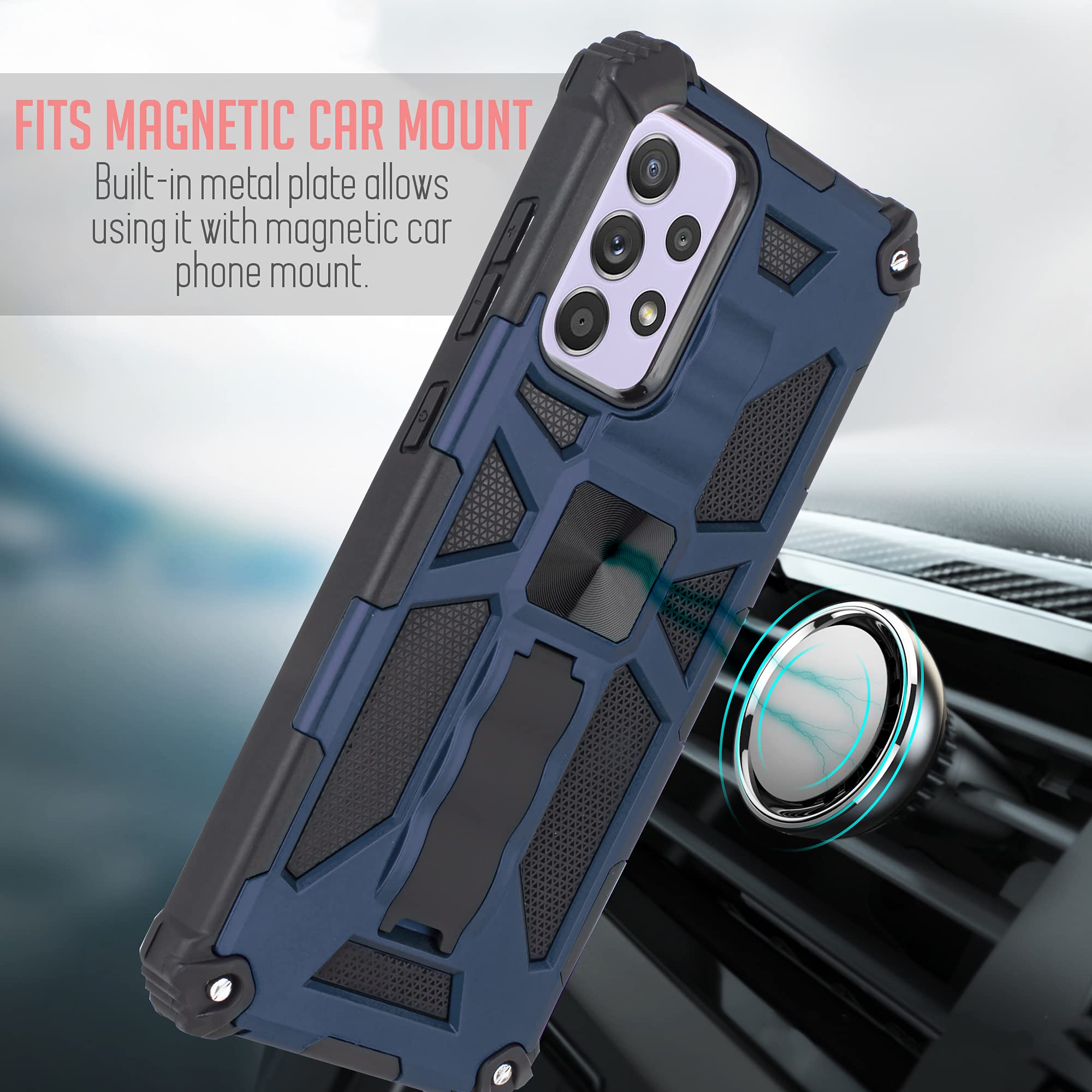 Samsung Galaxy A52 5G Case with Tempered Glass Screen Protector - Rugged Hybrid Magnetic Kickstand Shockproof Phone Cover (Blue) for Outdoor Sports & Daily Protection