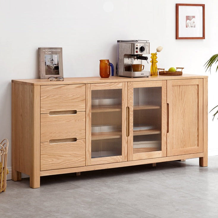 Solid Oak Wood Sideboard Buffet Cabinet - Rustic Farmhouse Dining Room Storage Furniture for Home Decor & Entertaining