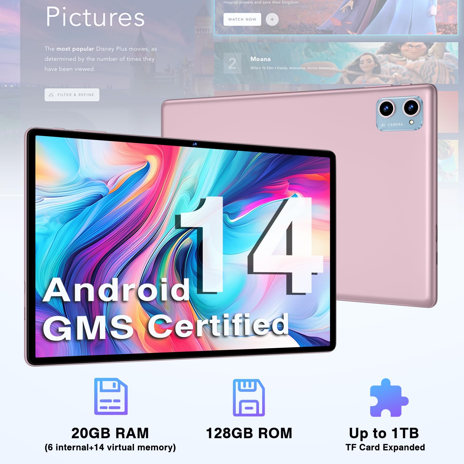 10.1 Inch Android 14 Tablet with Keyboard - 20GB RAM 128GB ROM (Expandable to 1TB), Octa-Core 2-in-1 Tablet PC, 1280x800 IPS HD Touchscreen, Bluetooth 5.0, Wi-Fi 6, Widevine L1 - Rose Gold/Pink - Perfect for Work, Study & Entertainment