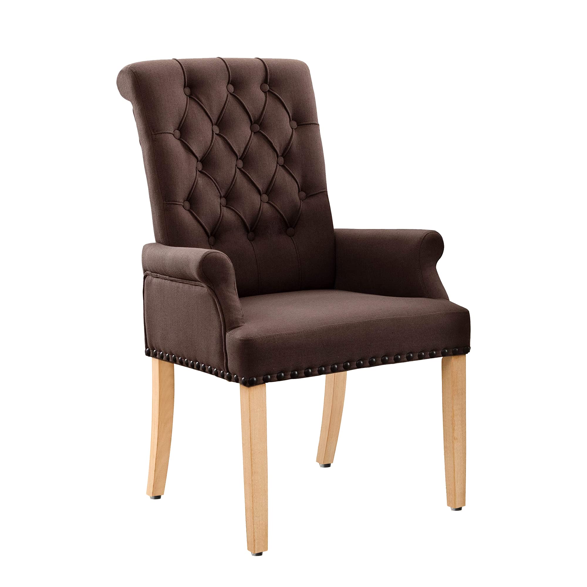 Luxury Fabric Dining Chairs - Upholstered Tufted Armrest Accent Chairs with Nailhead Trim & Solid Wood Legs for Home, Kitchen, Living Room (Brown) | Perfect for Formal Dining, Breakfast Nook & Cozy Reading Corner