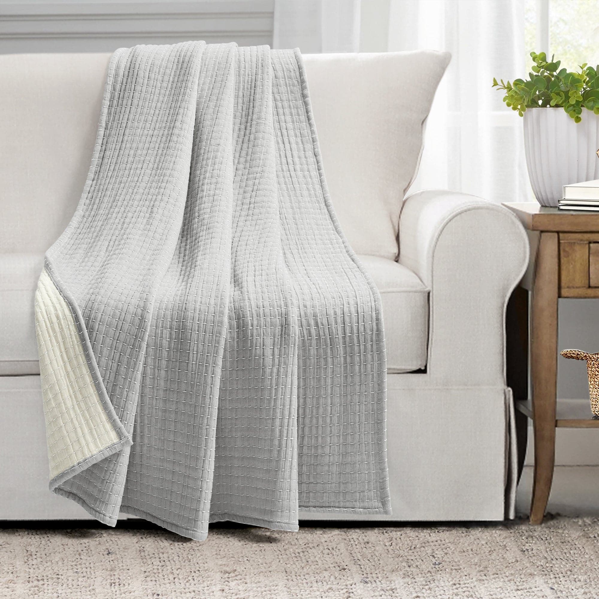 Handmade Solid Kantha Pick Stitch Yarn-Dyed Cotton Woven Throw Blanket - Cozy Sofa Cover, Bedspread & Home Decor for Living Room, Bedroom
