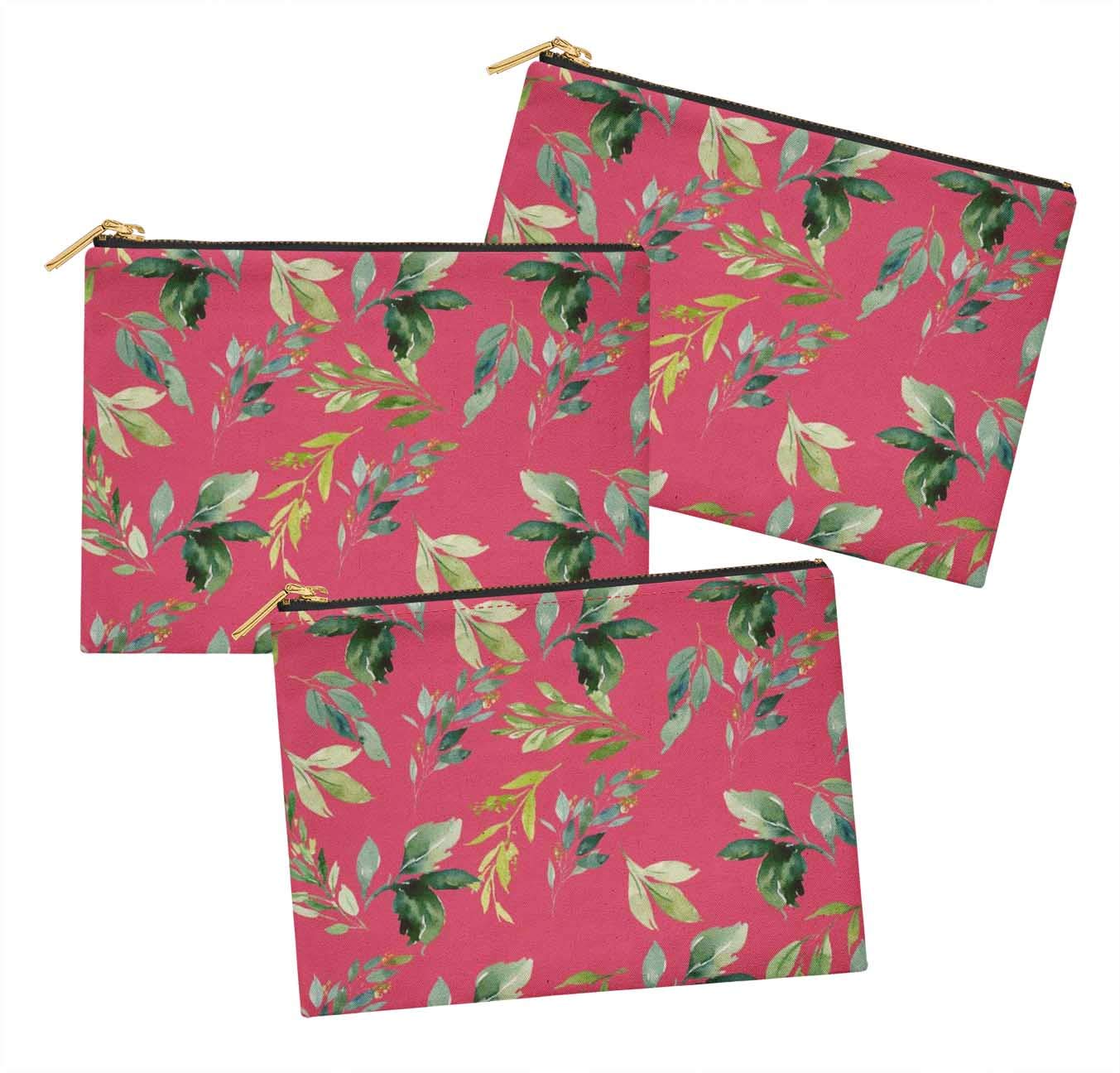 S4Sassy Pink Flower Leaves Printed Cosmetic Bag Set of 3 - 6 x 8 Inch Makeup Pouch, Coin Purse & Toiletry Organizer for Travel, Gym & Daily Essentials Storage