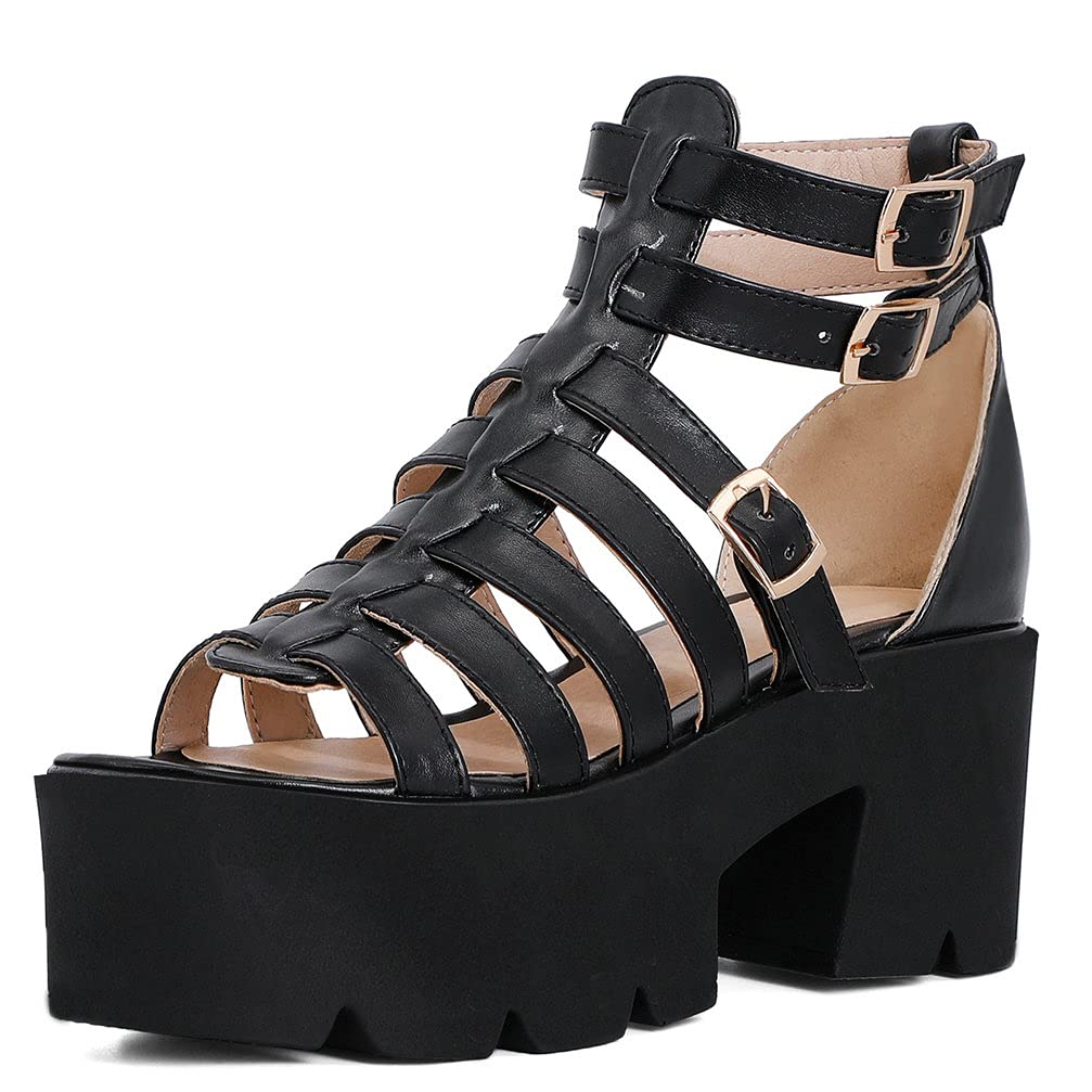 KOKOMOMO Women's Denim Gladiator Platform Sandals with Cage Heel - Gothic Style for Summer Outfits, Music Festivals & Edgy Street Fashion