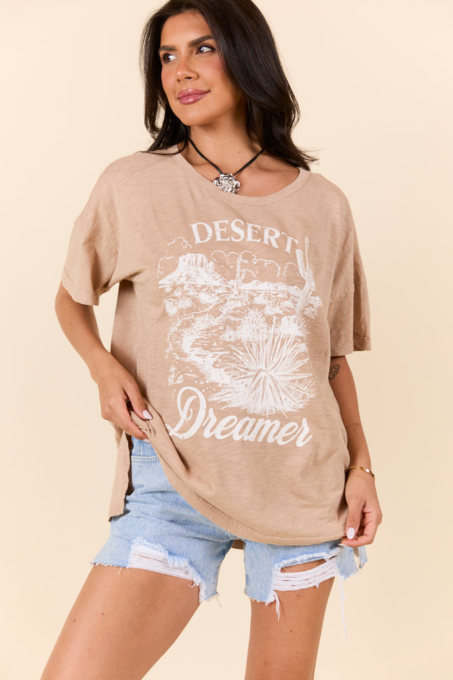 Desert Dreamer Taupe Split Hem Graphic Tee - Trendy Women's Casual T-Shirt for Summer | Perfect for Streetwear, Outings & Layering