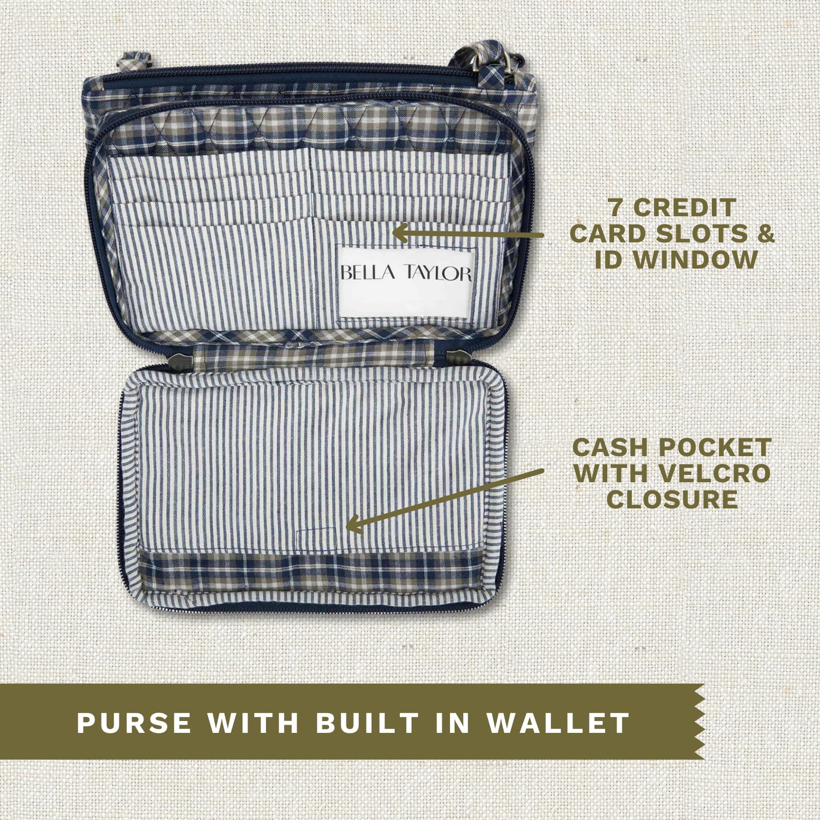 Bella Taylor Essentials Crossbody Purse with Built-In Wallet - Stylish Hands-Free Bag for Women, Travel, Shopping & Daily Use