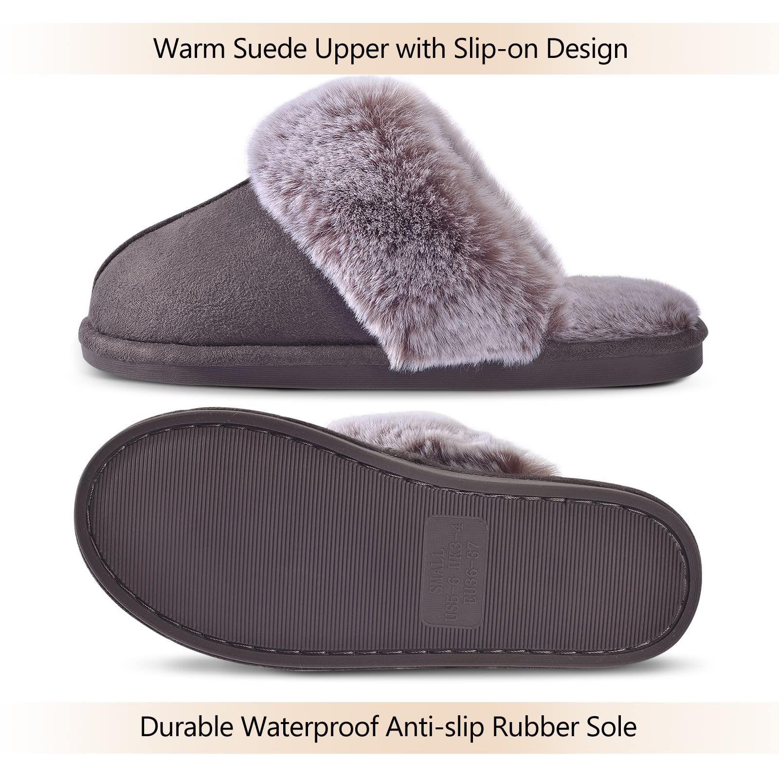 Women's Cozy Fuzzy Faux Fur House Slippers - Warm Fluffy Indoor Shoes with Memory Foam & Anti-Skid Rubber Sole for Home, Lounge & Winter Comfort
