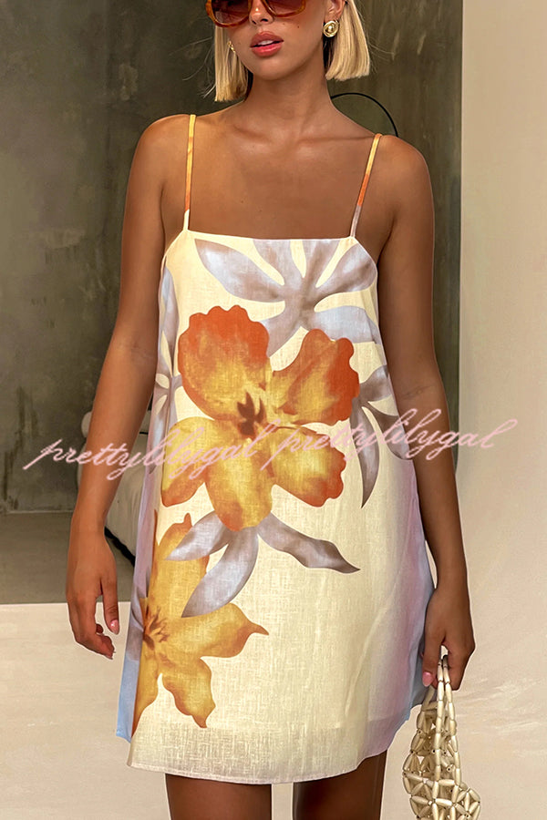 Floral Print Linen Blend Slip Mini Dress - Summer H-Line Dress for Women | Perfect for Beach Vacations, Brunch Dates & Casual Outings