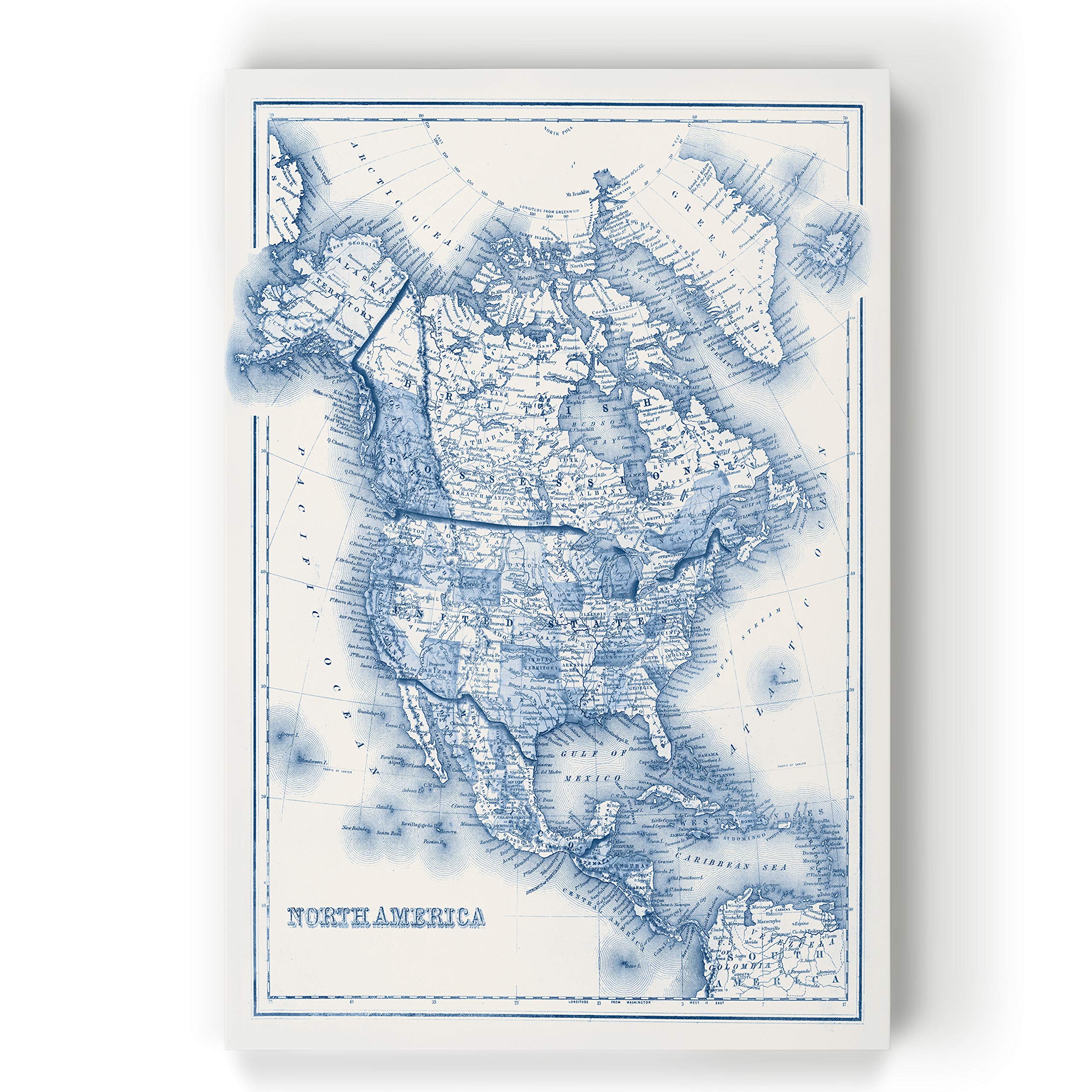 North America in Shades of Blue Gallery Wrapped Canvas Wall Art - Stunning Blue Map Decor for Living Room, Office & Bedroom - Perfect Home & Gift Idea