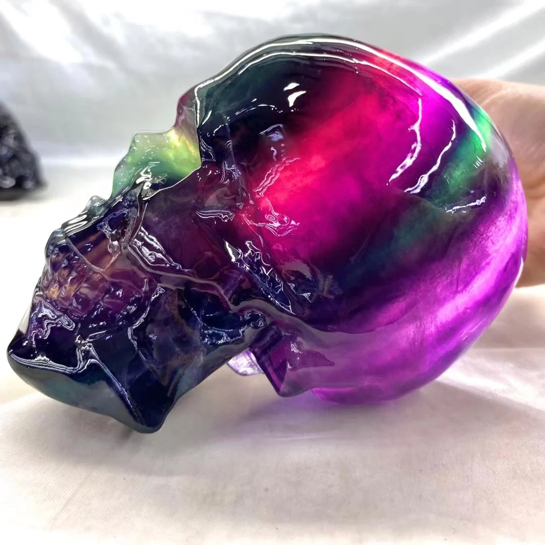 10-15CM Large Natural Rainbow Fluorite Carved Skull - High Quality Mineral Specimen for Crystal Collectors, Unique Home Decor & Gift Idea - Perfect for Meditation, Feng Shui, and Mineral Display Collections