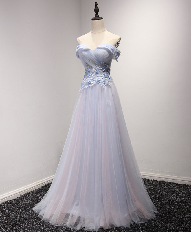 Elegant Light Blue Tulle Lace Long Prom Dress - Formal Evening Gown for Homecoming, Wedding, and Special Occasions