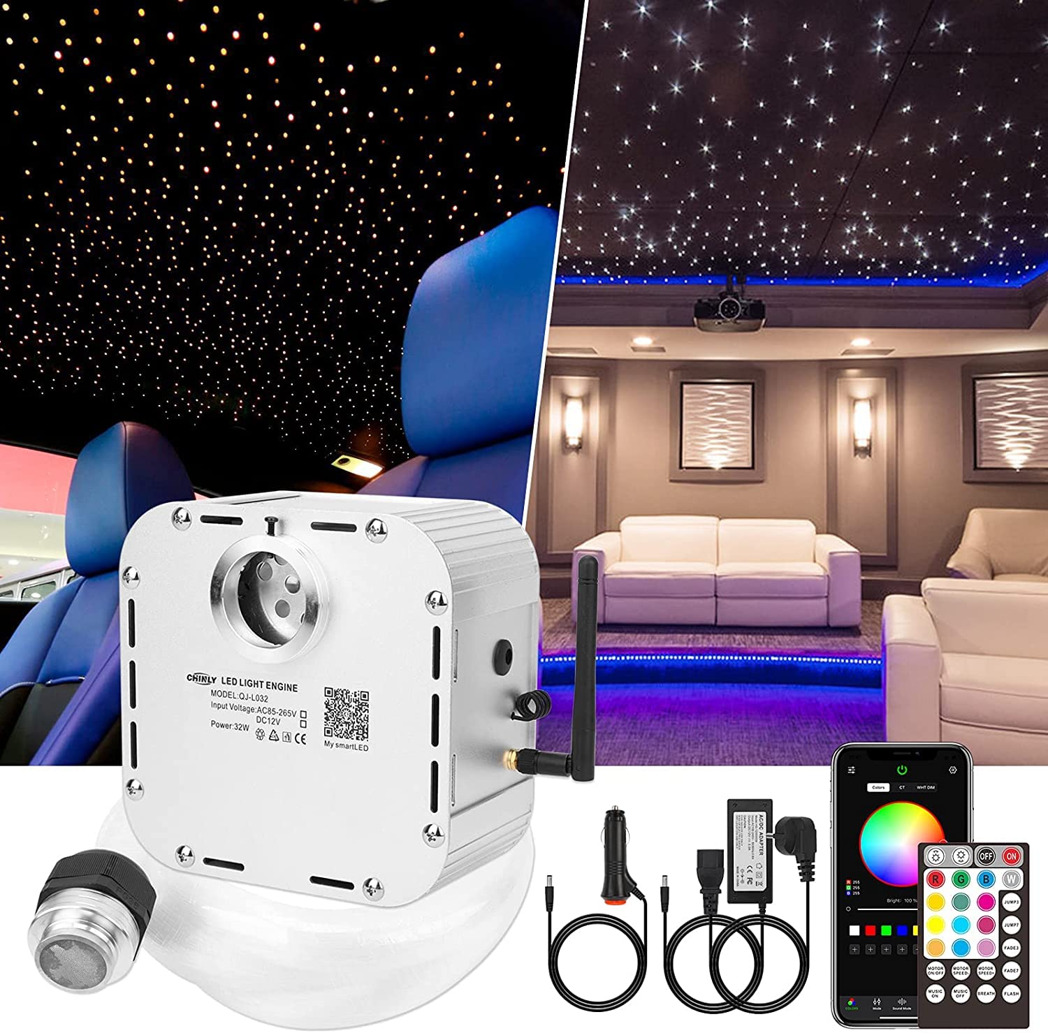 CHINLY 32W 800-Piece Twinkle Bluetooth RGBW LED Fiber Optic Star Ceiling Light Kit with APP/Remote Control, 0.03in 13.1ft - Includes Adapter, Cigarette Lighter & 10 Crystals - Perfect for Car Headliner, Home Theater, Bedroom & Ceiling Decor