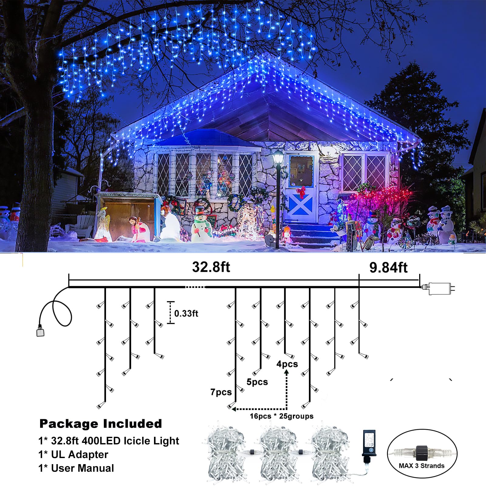 400 LED Icicle Christmas Lights Outdoor - 33FT Waterproof Plug-in String Lights with 8 Modes, Blue Twinkle Lights for Home Roof, Window, Garden, Yard, Wedding & Party Decorations - Perfect for Holiday, Christmas Tree, Patio and Outdoor Decor