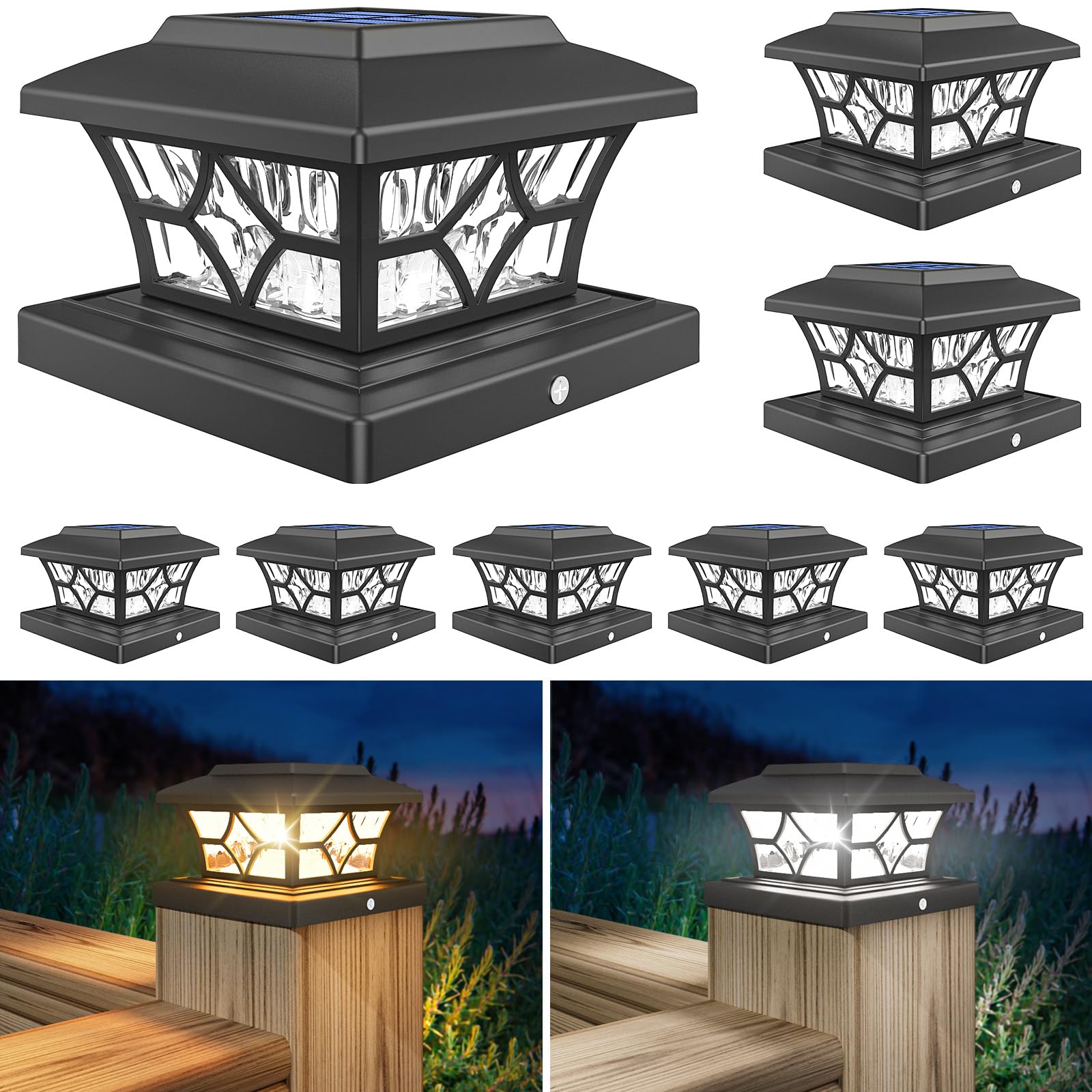 VOLISUN 8Pack Solar Post Cap Lights Outdoor - Waterproof Solar Powered Fence Lights for 4x4 Vinyl/Wood Posts - Cool & Warm White LED Deck Lights for Garden, Patio, Porch, Pathway & Backyard Lighting