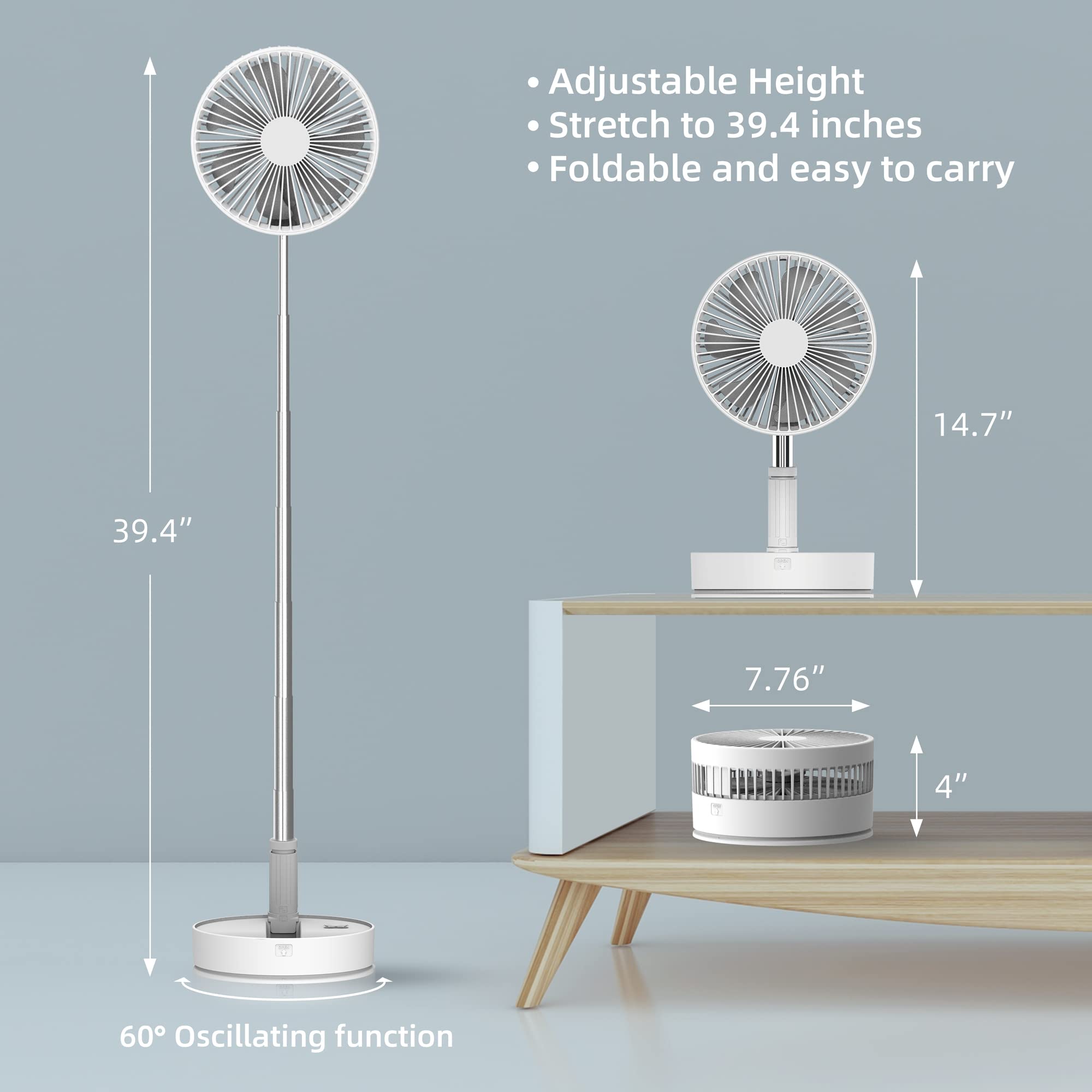 Rechargeable 7200mAh Cordless Foldable Portable Fan - Remote Control Oscillating Desk/Floor Standing Fan with USB Charging | Perfect for Bedroom, Office, Travel, Camping & Outdoor Use