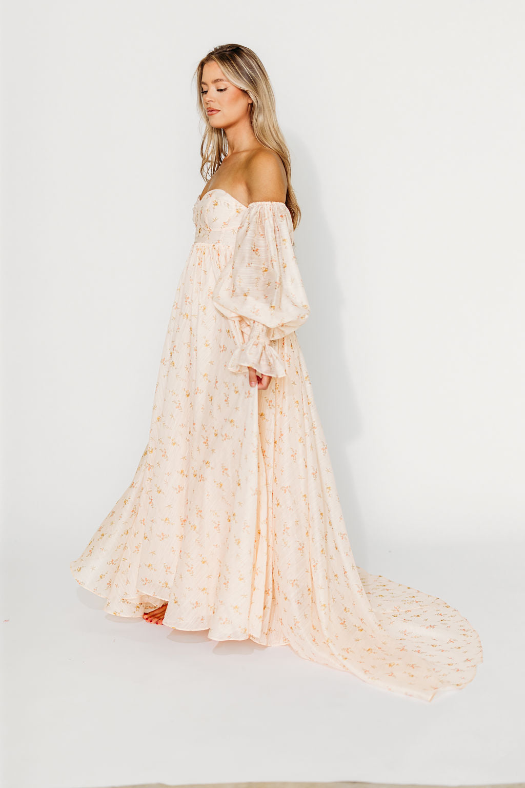 Delilah Maxi Dress with Train in Peach - Bump Friendly Maternity Dress (XS-3XL) for Weddings, Parties & Special Occasions