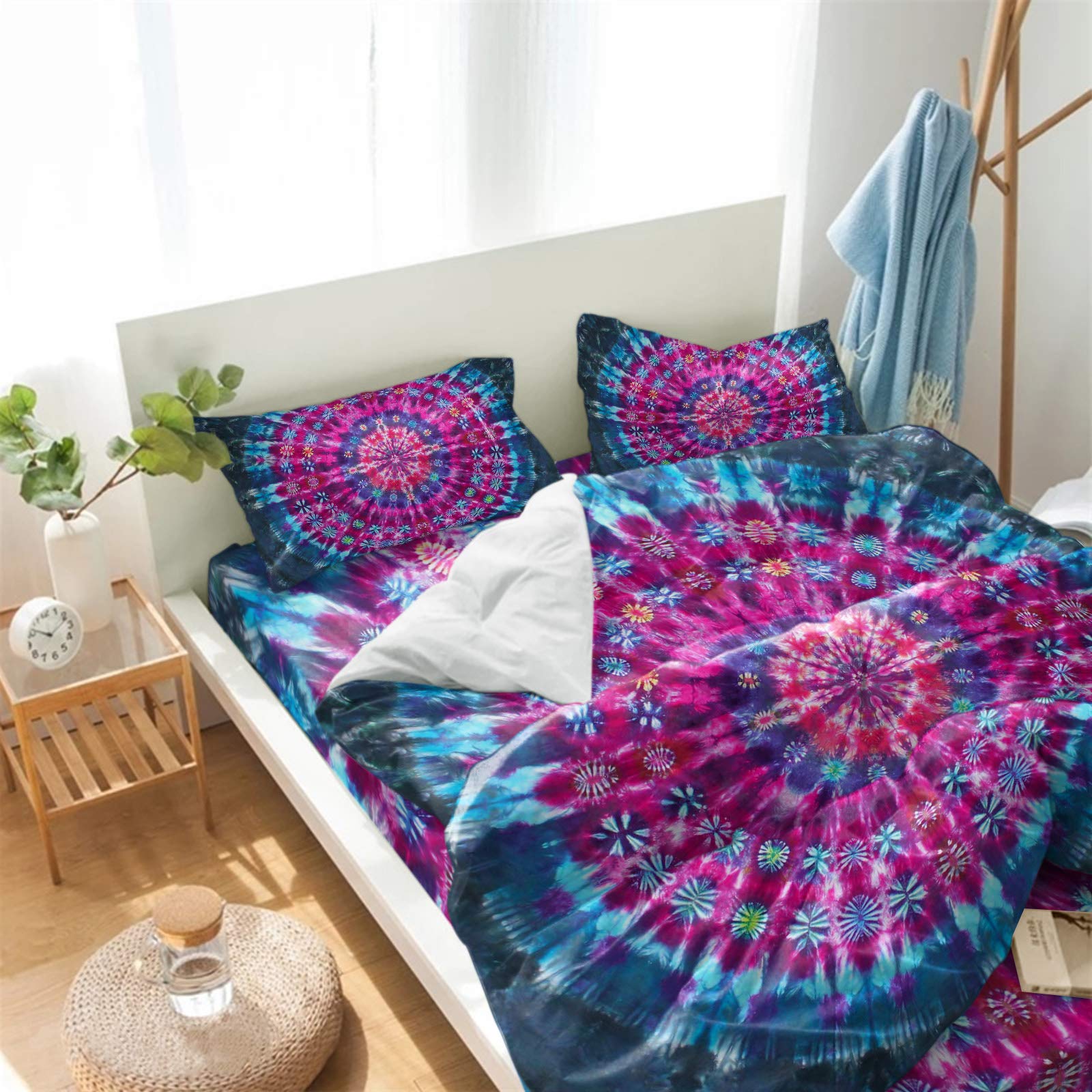 4-Piece Bohemian Mandala Tie-Dye Duvet Cover Set - California King Size Ultra Soft Quilted Bedding with 2 Pillowcases | Ethnic Hippie Style for Bedroom Decor, Guest Room & Dorm