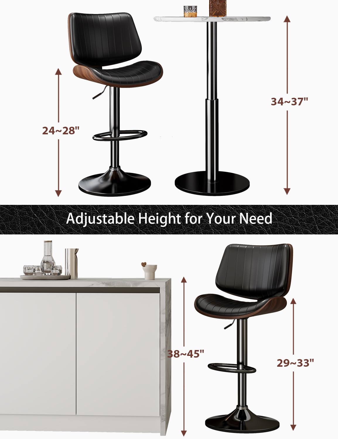 **4-Pack Adjustable Swivel Bar Stools with PU Leather Upholstery & Footrest - Modern Bentwood Bar Chairs for Kitchen Island, Counter, Dining Room & Home Bar - Black (Perfect for Entertaining & Casual Dining)**