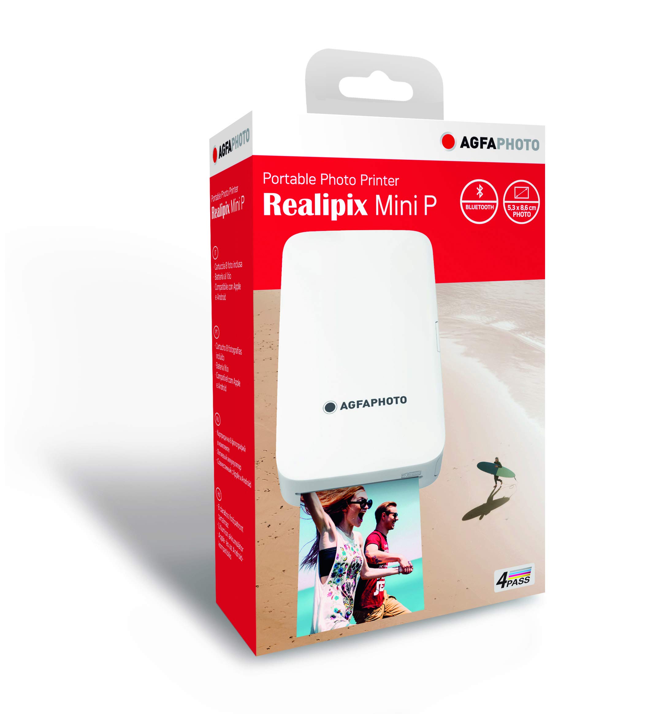 AgfaPhoto Realipix Mini P Bluetooth Photo Printer - 2.1 x 3.4 Inch Portable Thermal Sublimation Printer with 4Pass Technology (White, AMP23-WH) - Perfect for Instant Prints, Travel Memories & DIY Scrapbooking
