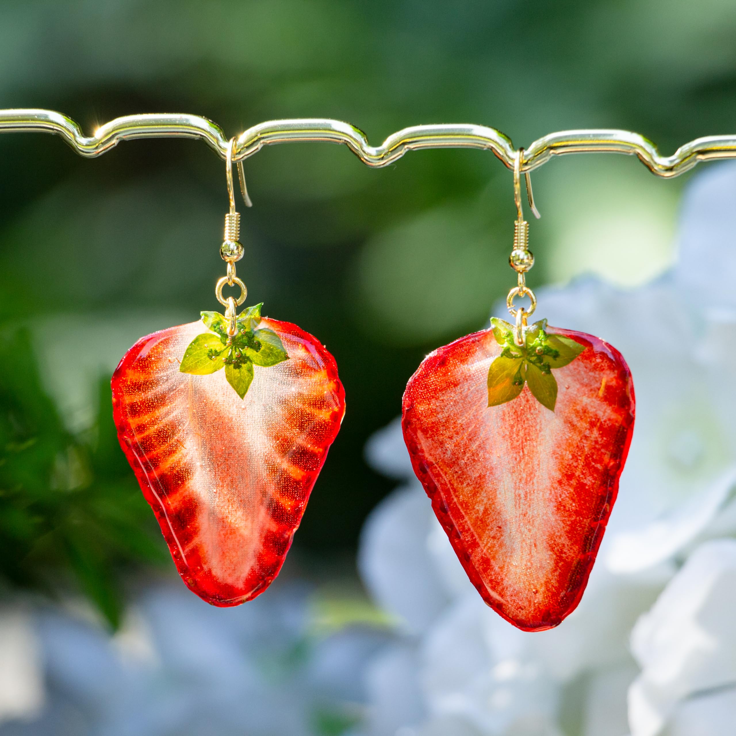 Handmade Real Strawberry Heart Earrings - Pressed Strawberry Slice Natural Dried Fruit Resin Jewelry with Gold Hooks | Perfect Birthday Gift, Valentine's Day Present & Boho Fashion Accessory for Women