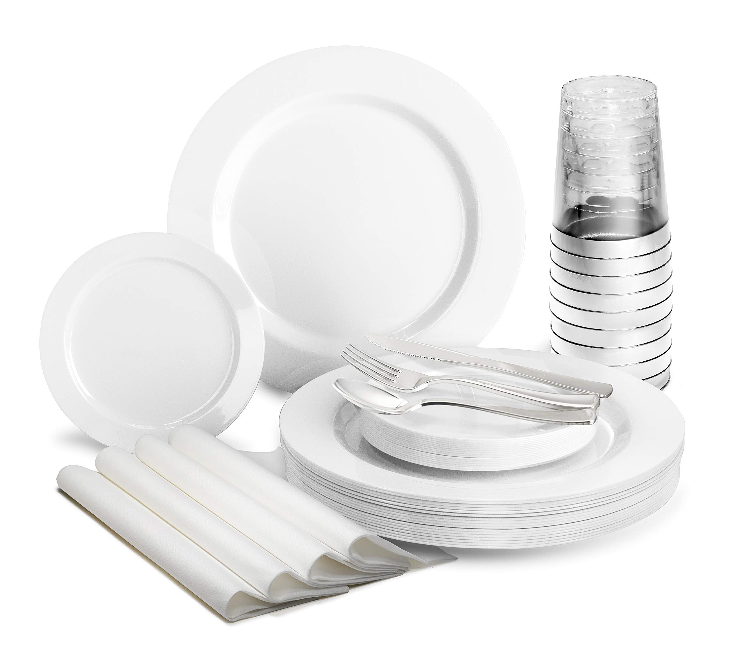 840-Piece Heavyweight Disposable Plastic Plate Set for Weddings & Parties - Includes 120 x 10.5'' Dinner Plates, 120 x 6.25'' Dessert Plates, Silverware, Cups & Napkins (Plain White) - Perfect for Large Gatherings, Catering Events & Special Occasions