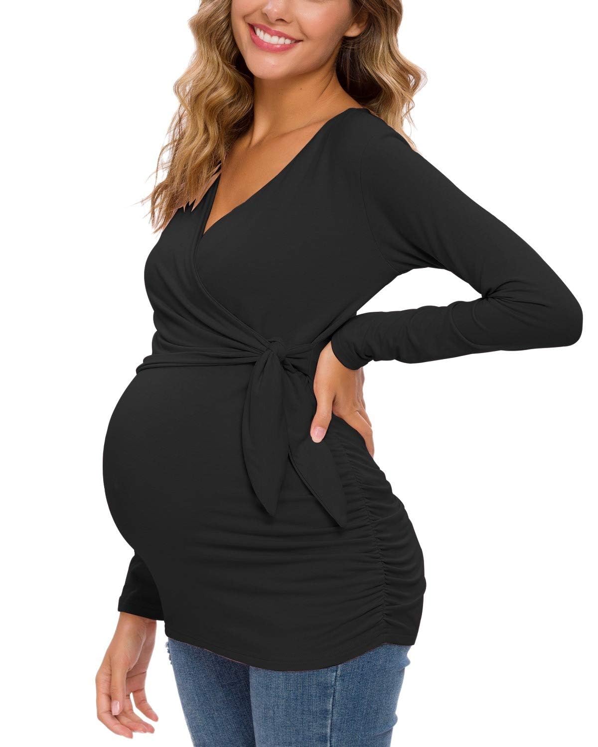 Glampunch Women's Maternity Shirts - Soft Stretchy Short & Long Sleeve Tie Front Wrap Tops for Pregnancy | Nursing Friendly & Comfortable for Work, Casual & Maternity Photos