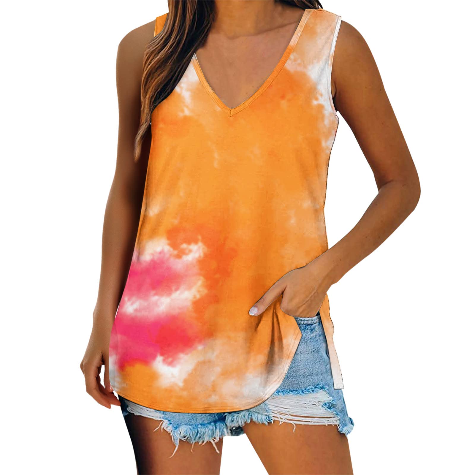 Women's Casual Tie-Dye V-Neck Sleeveless Tank Top - Summer Fashion Blouse for Women | Perfect for Beach, Music Festivals & Everyday Wear (White, 2022)