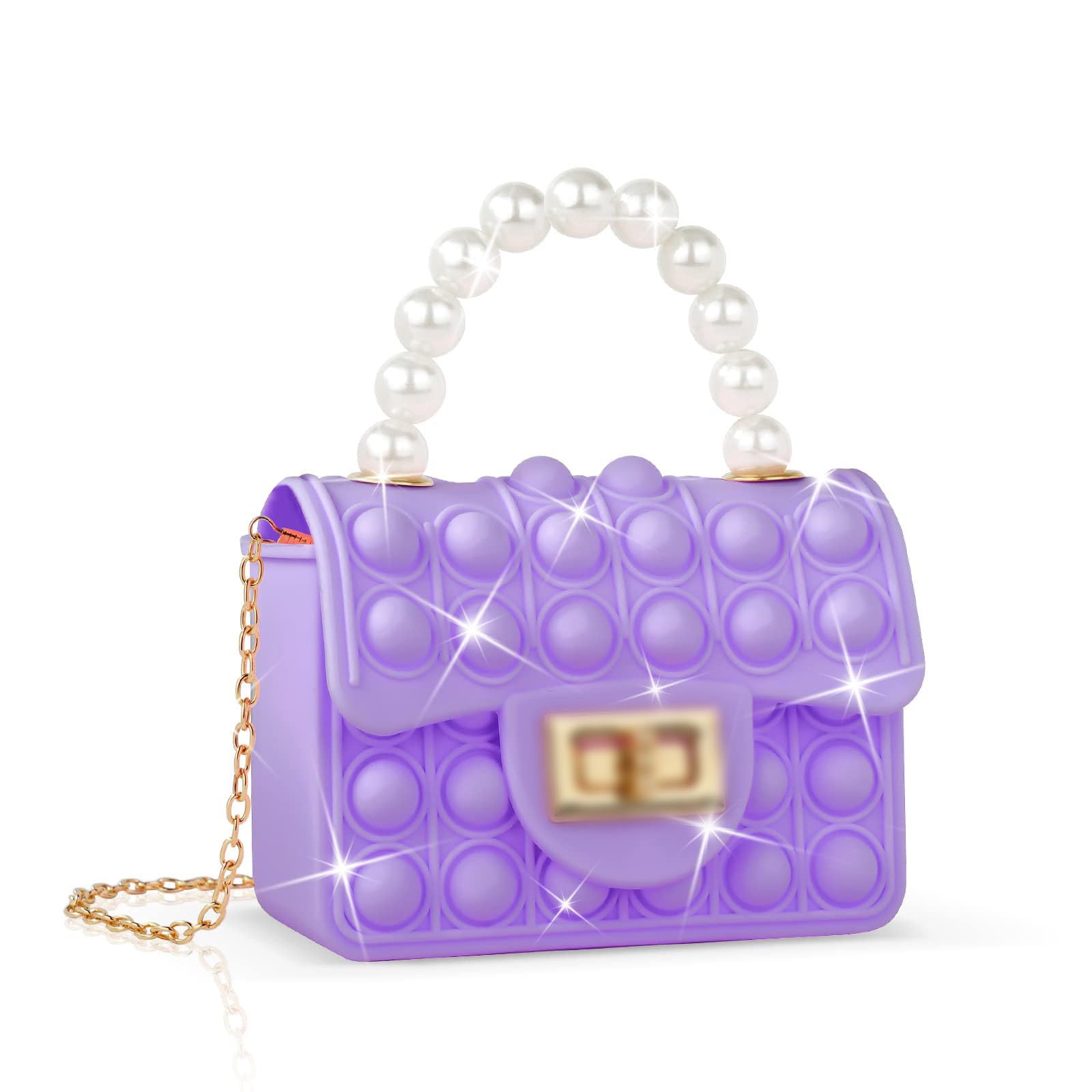 Ainiv Pop It Fidget Toys - 2 in 1 Push Bubble Sensory Bag, Fashion Pearl Purse for Women & Girls, Small 12x9x5cm, Purple - Stress Relief & Sensory Play for Kids, Adults, Autism, ADHD, Office & Travel Use