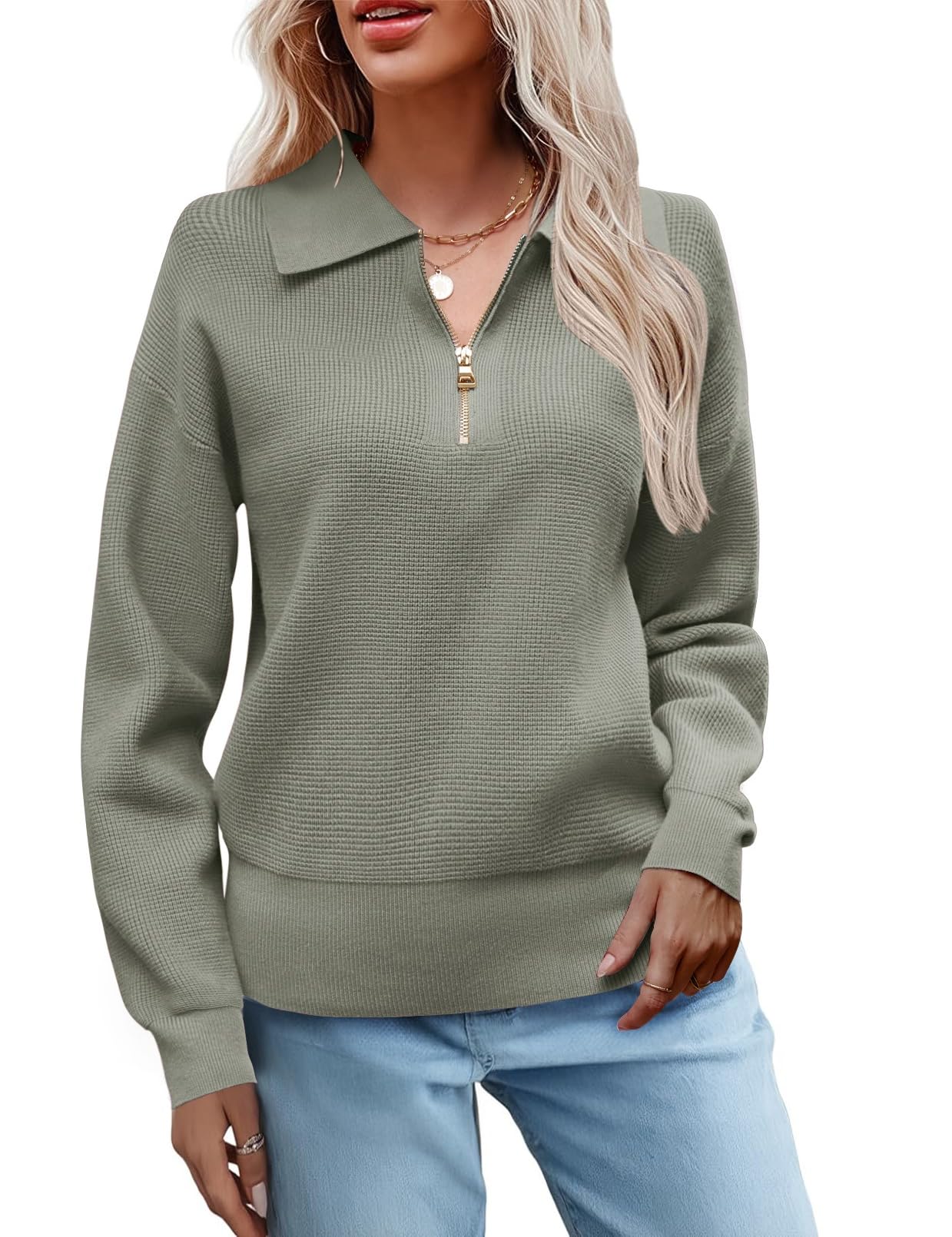 Micoson Women's Long Sleeve Half Zip Pullover Sweater - Casual V Neck Collared Waffle Knit Loose Jumper Top for Fall & Winter | Cozy Office Wear, Weekend Outfits, Layering Essential