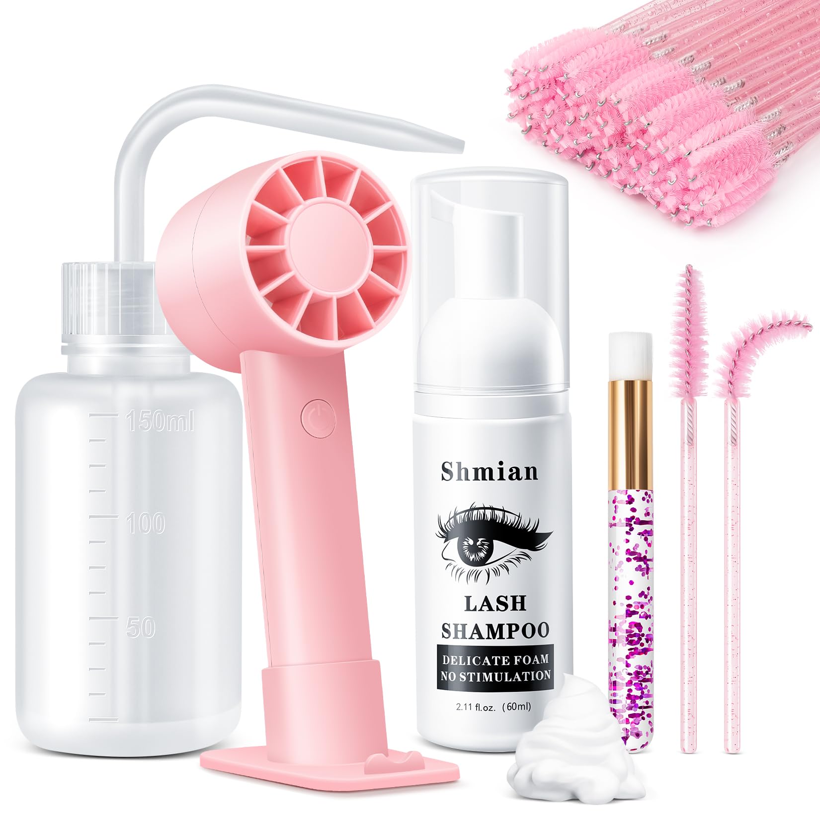 Rechargeable Eyelash Cleaning Kit with Lash Fan, Mascara Brushes & 60ML Lash Shampoo – 2.11oz Foam Cleanser, Nose Brush & Rinse Bottle for Lash Extension Care – Pink Fan Kit (Perfect for Salon Professionals & Home Lash Care)