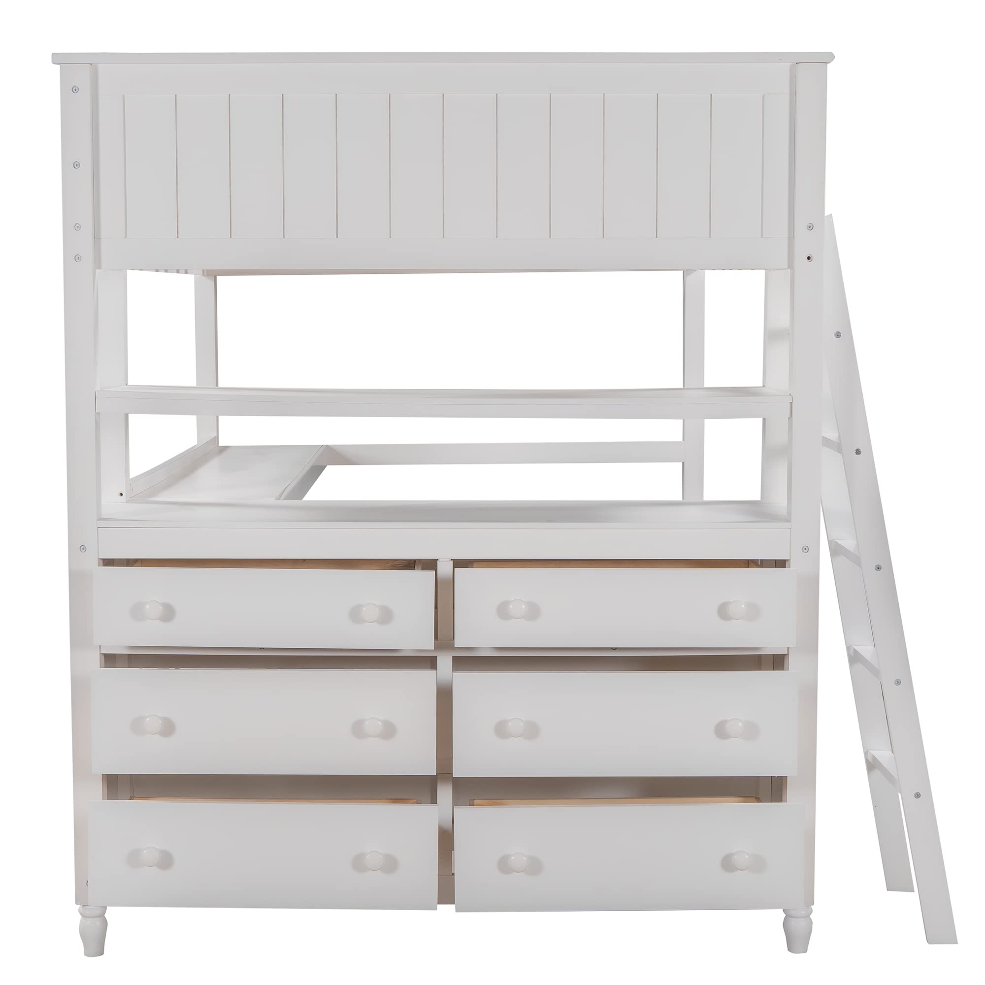 Full Size Loft Bed with 6 Drawers & Built-in Desk - Sturdy Wooden Bunk Bed Frame with Shelves, Full-Length Guardrail - No Box Spring Needed - Perfect for Small Rooms, Dorms & Apartments (White)