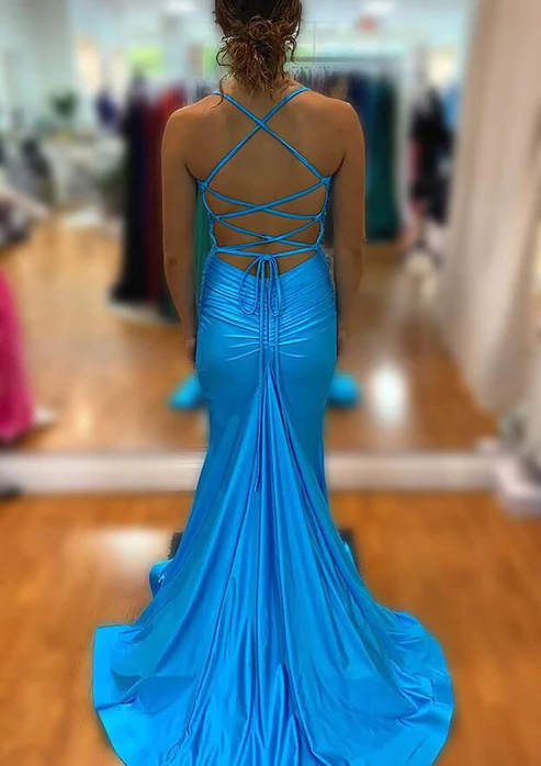 Elegant Blue V-Neck Mermaid Prom Dress with Thigh High Split - Perfect for Homecoming, Evening Gala & Formal Events - Style J2612