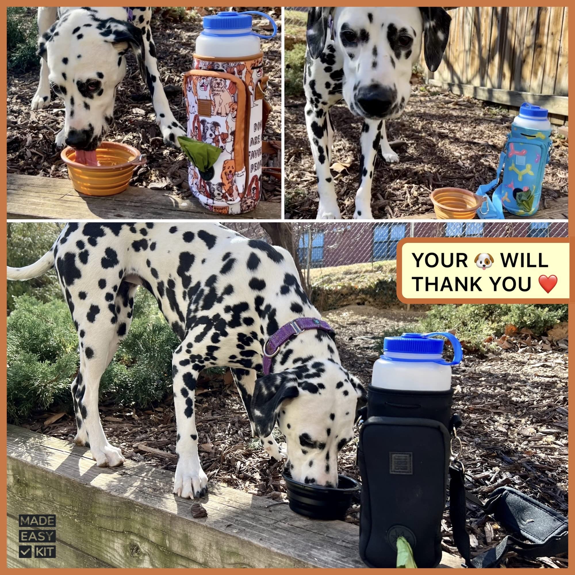 **Premium Adjustable Padded Shoulder Strap Water Bottle Carrier with Pocket for Dog Waste Bags – Tall & Large (40oz) Includes Bowl – Perfect for Hiking, Dog Walks & Outdoor Adventures (Brown, Dog Lover Gift)**