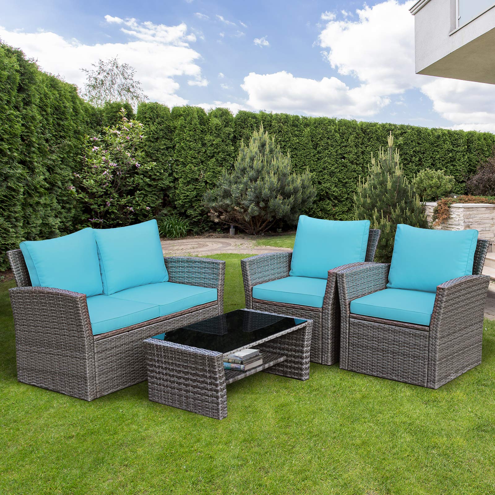 Tangkula 4-Piece All-Weather Outdoor Patio Furniture Set - Wicker Rattan Sectional Sofa with Cushions & Tempered Glass Table - Turquoise Conversation Set for Backyard, Garden, Poolside, Deck & Patio Relaxation