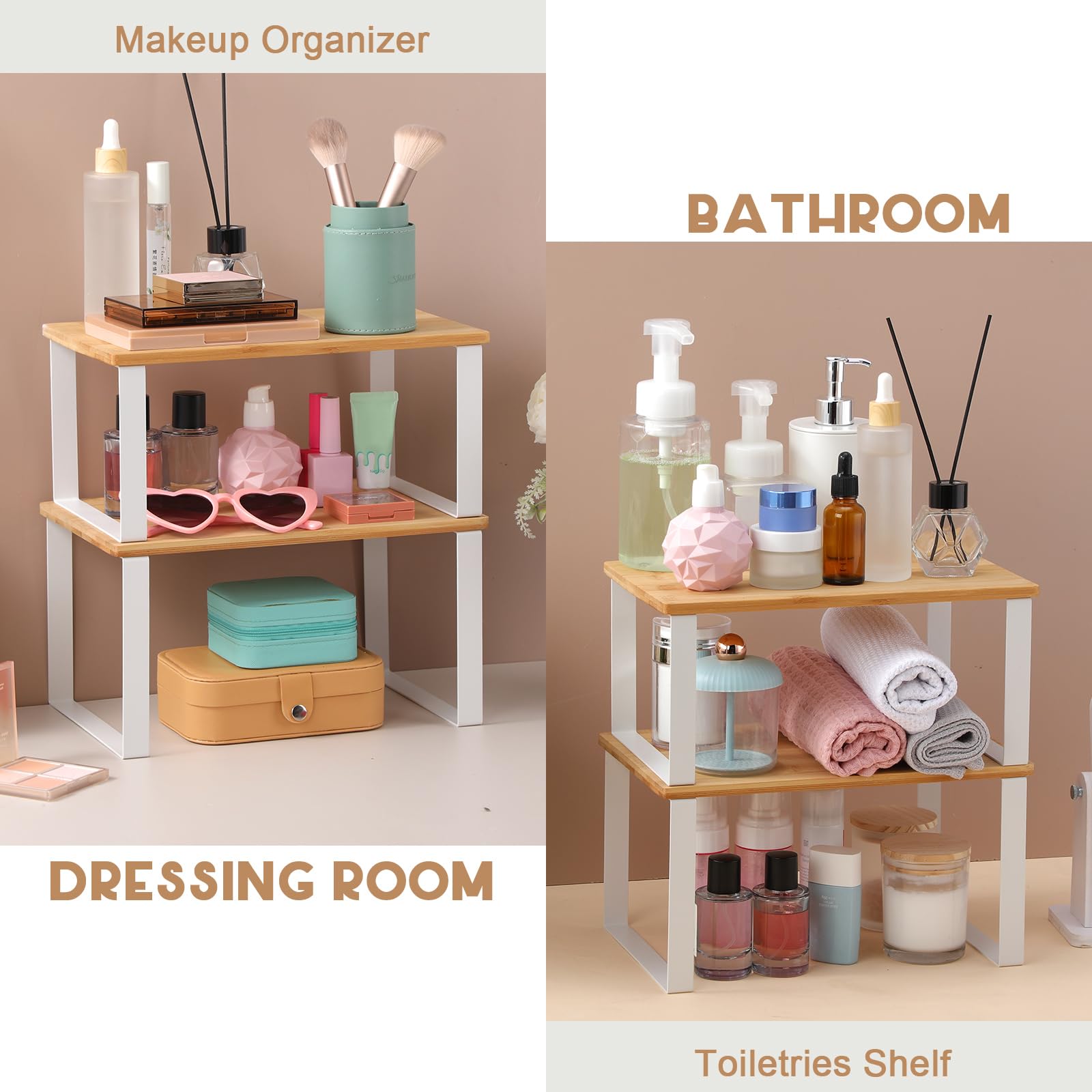 2-Pack Bamboo Stackable Cabinet Organizer Shelves - Kitchen Counter Shelf Riser for Spice Jars, Coffee Mugs & Pantry Storage - Space Saving Cabinet Organizer for Kitchen, Bathroom & Office
