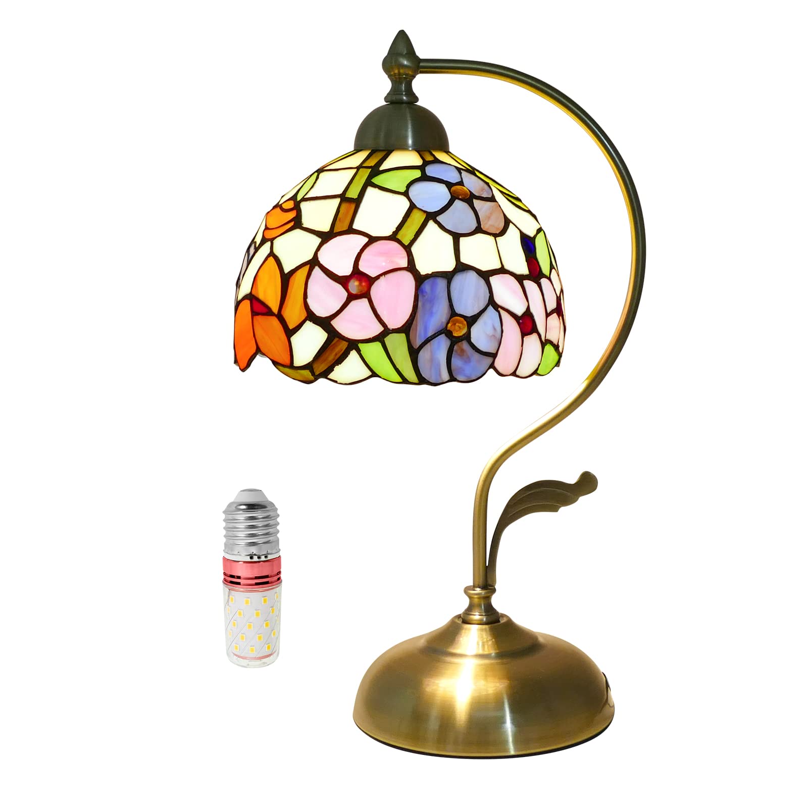 Tiffany Style Table Lamp - 17 Inch Handmade Stained Glass Desk Lamp with Metal Leaf Iron Base, Vintage Baroque Curved Morning Glory Flower Design | Perfect for Bedside Reading, Living Room Decor, Office Lighting & Study Room