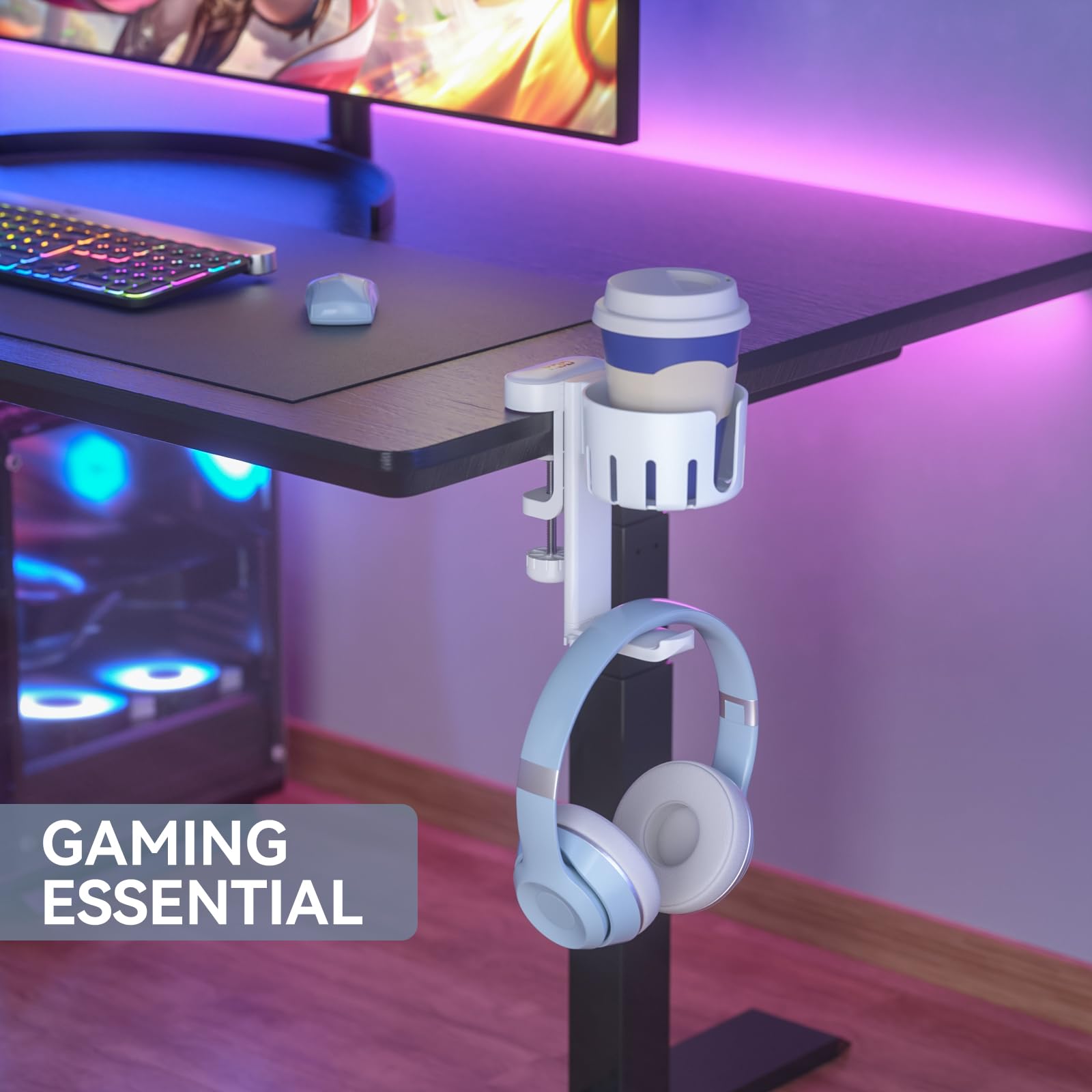 2 in 1 Rotatable Under Desk Headphone Hanger & Cup Holder - Space Saving Clamp Mount for Gaming Headsets, Coffee Mugs & Water Bottles - Perfect for Home Office, Gaming Setup & Workspace Organization (White)