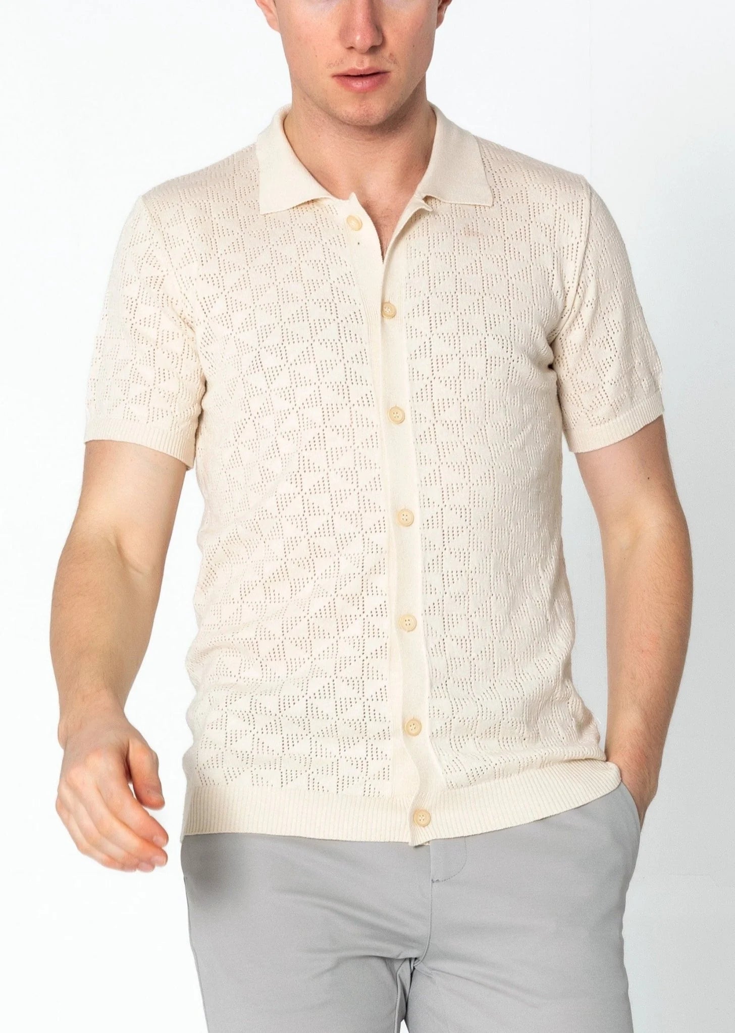 Geometric Crochet Polo Shirt for Women - Beige Cotton Summer Top, Boho Chic Style | Perfect for Beach Outings, Music Festivals & Casual Wear
