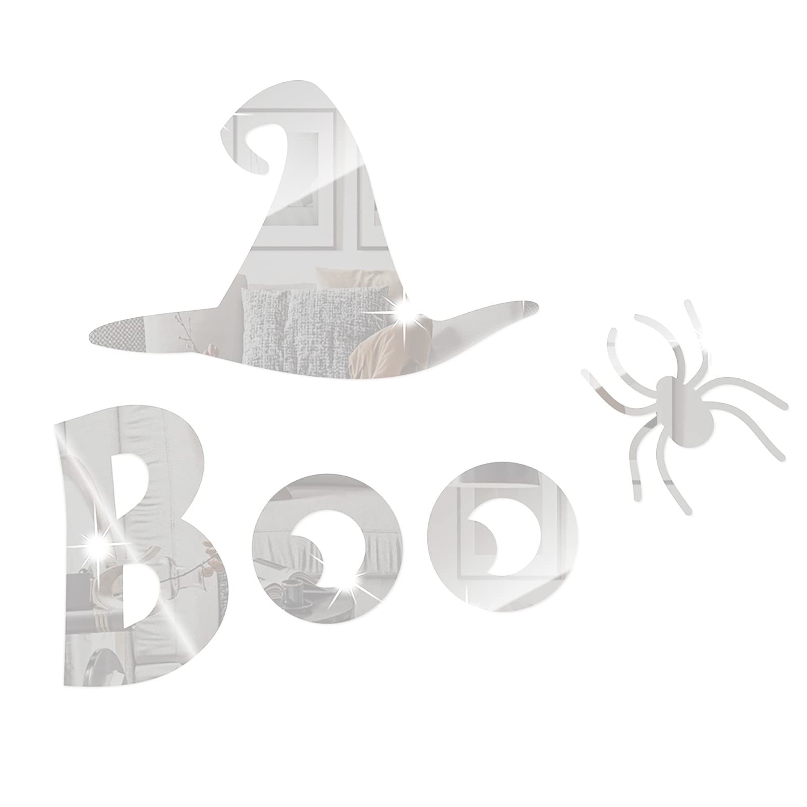 Halloween Mirror Stickers - Spooky Witch Hat with Spiders Decor for Wall, Baby Room & Party - Self-Adhesive Boo Decals for Home, Office & Classroom (Size B, One Size)