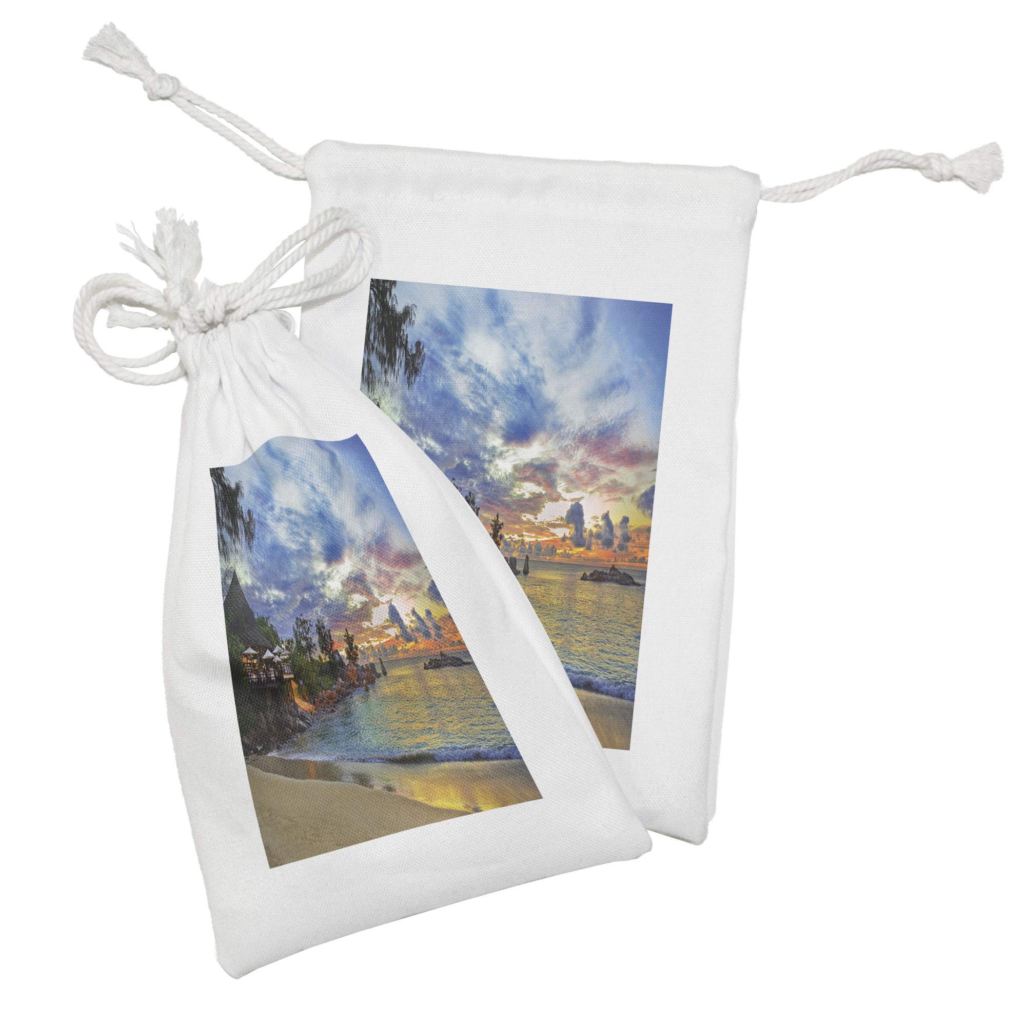 Lunarable Tropical Fabric Pouch Set of 2 - Vibrant Beach Sunset Design Drawstring Bags (9