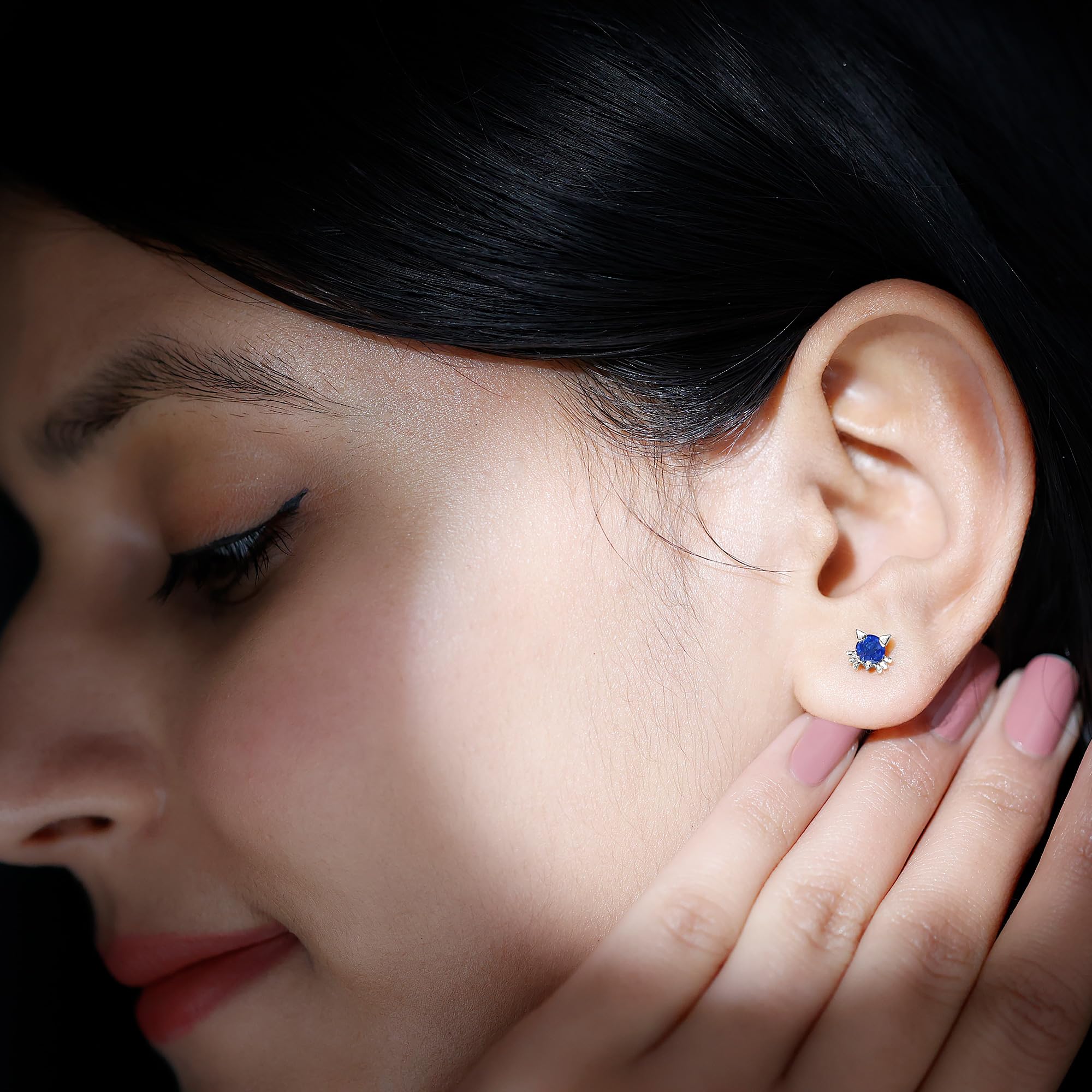 Natural Blue Sapphire Cat Stud Earrings - AAA Quality Gemstone Kitty Earrings with Secure Screw Back - Perfect Gift for Women & Girls - Elegant Jewelry for Parties, Dating & Everyday Wear