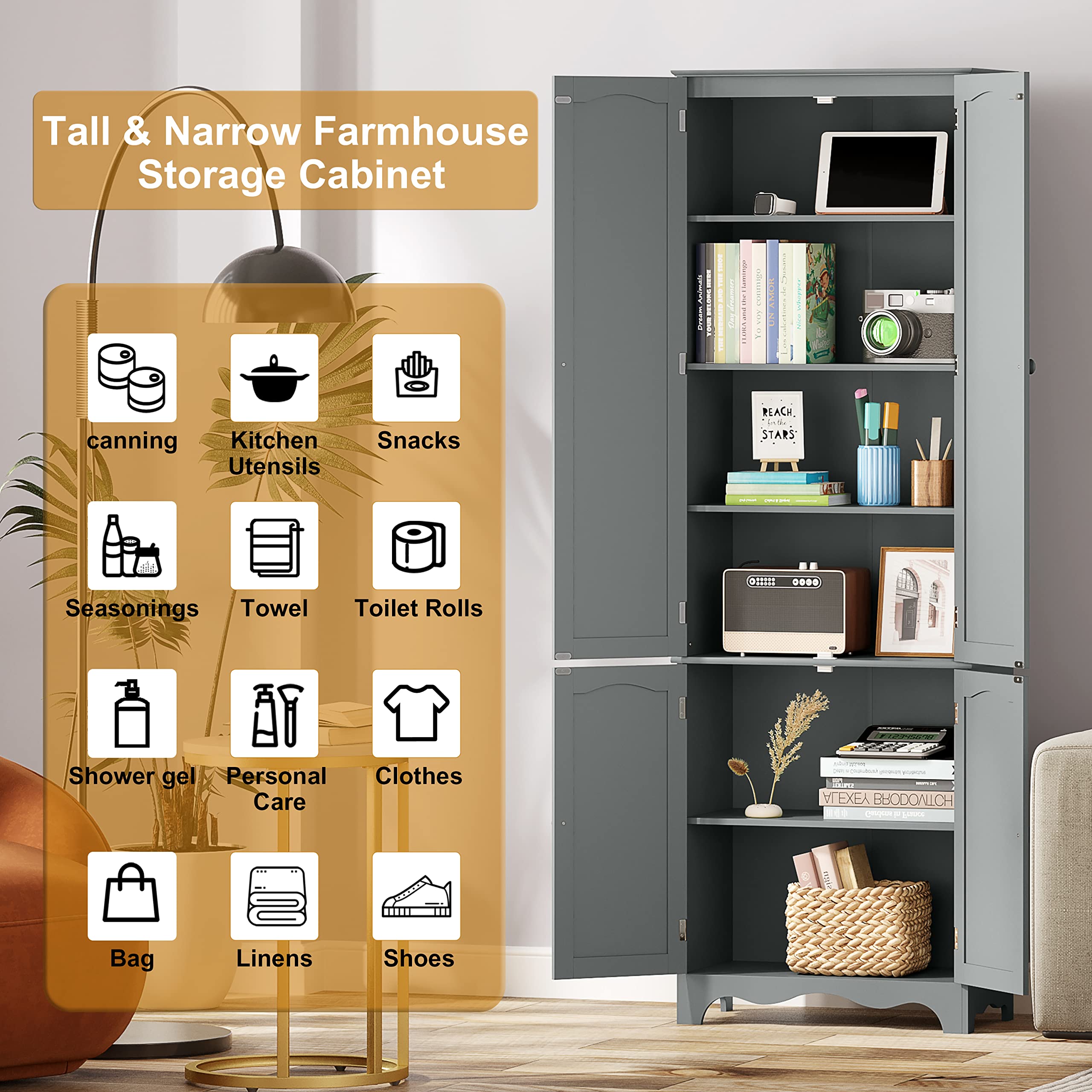 Tall Wooden Pantry Cabinet with 4 Doors & 5 Shelves - 72