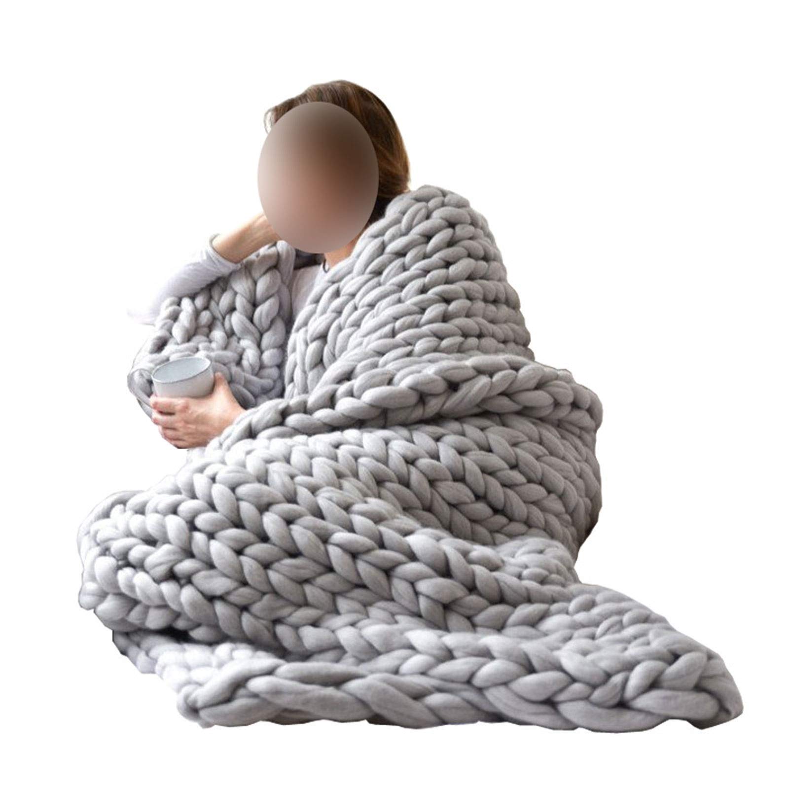 Chunky Knit Throw Blanket - Soft Merino Wool Blanket for Couch, Bed, Sofa - Light Gray 60x80cm - Cozy Home Decor Gift for Winter, Living Room, Office & Travel