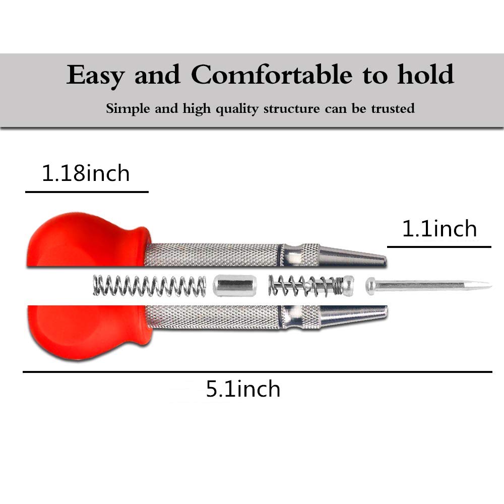 5 Inch Automatic Spring-Loaded Center Punch Tool - Adjustable Tension Metal Punch for Wood, Plastic, Glass & Marble | DIY, Metalworking & Craft Projects (Red)