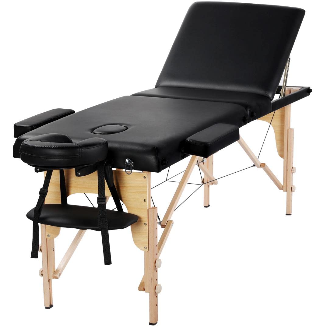 Yaheetech Portable Folding Massage Table - 60cm Wide 3-Section Spa Beauty Bed for Tattoo & Therapy - Lightweight Wooden Frame - Perfect for Home, Salon & Mobile Massage Services