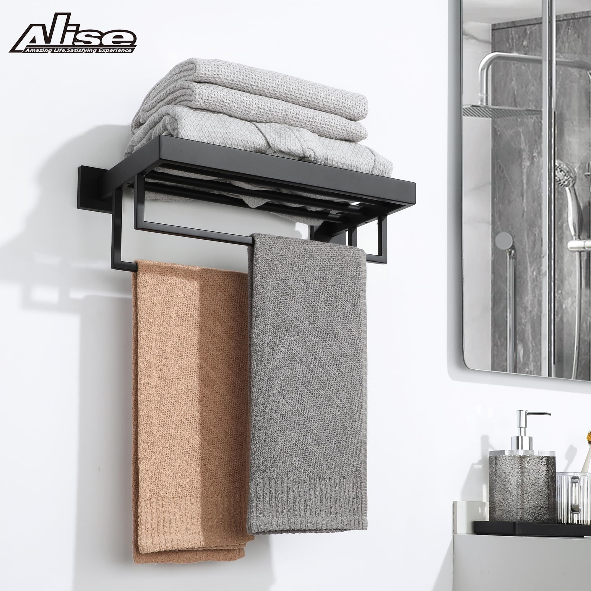 16 Inch Stainless Steel Towel Rack for Bathroom - Wall Mounted Double Towel Bars, Heavy Duty SUS 304 Hand Towel Holder in Matte Black - Perfect for Bathroom, Kitchen, and Laundry Room Organization