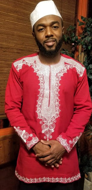 Stylish Red African Dashiki Shirt with Off-White Embroidery | Contemporary African Print Cotton Tunic for Men | Perfect for Cultural Events, Weddings & Festivals