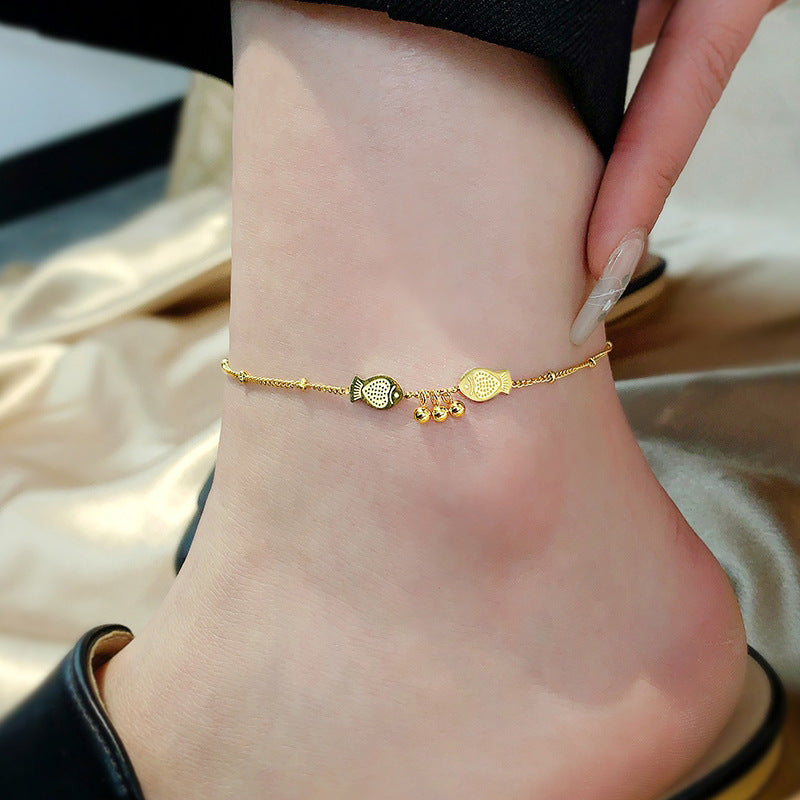 Titanium Gold Fish Charm Beaded Chain Anklet Bracelet for Women | Adjustable Ankle Jewelry for Summer Beach, Boho Style, Gift Idea | TB6763