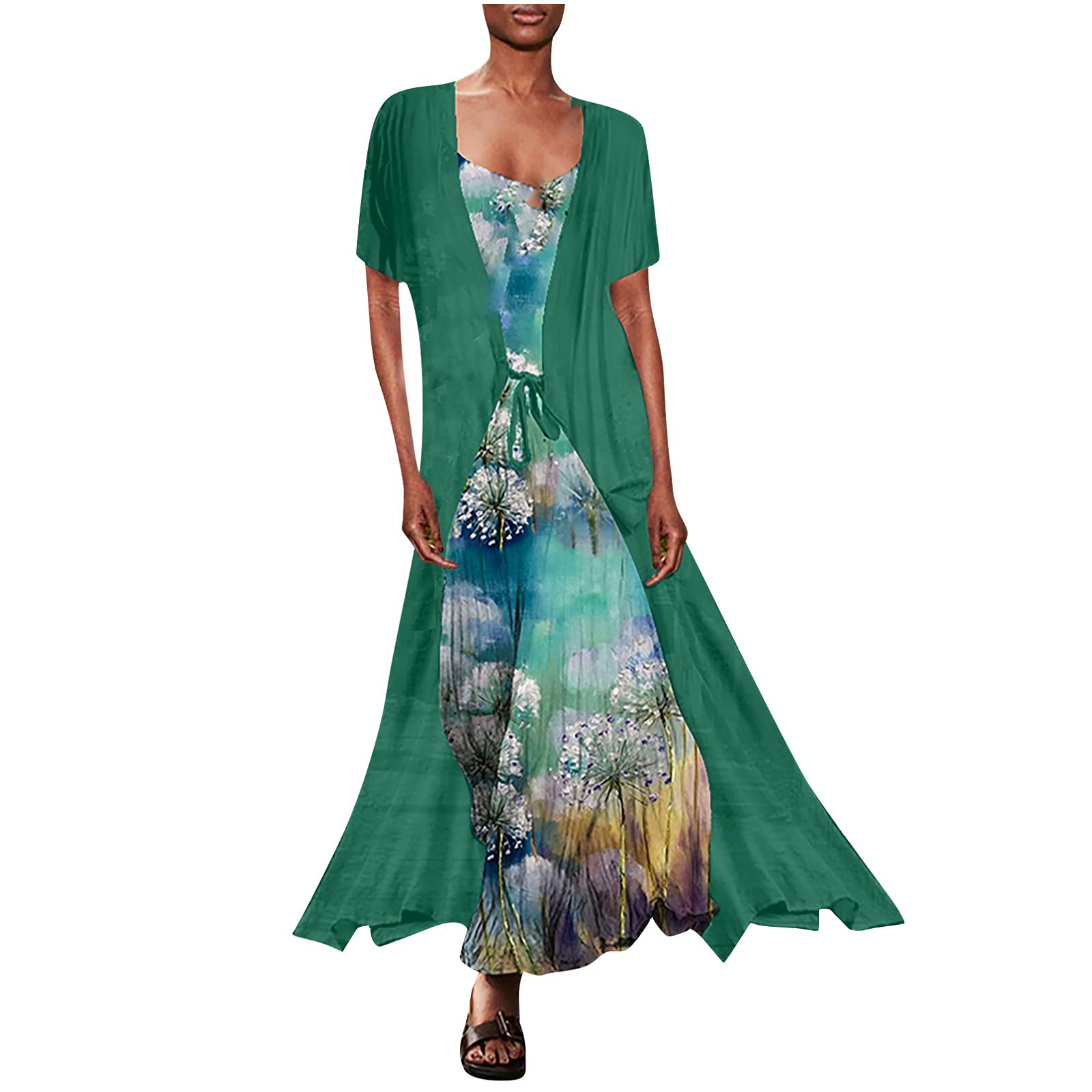 Women's Flowy Floral Print Chiffon Dress 2-Piece Set - Plus Size Sleeveless Crewneck Summer Dress for Wedding Guest, Beach Vacation & Casual Outings