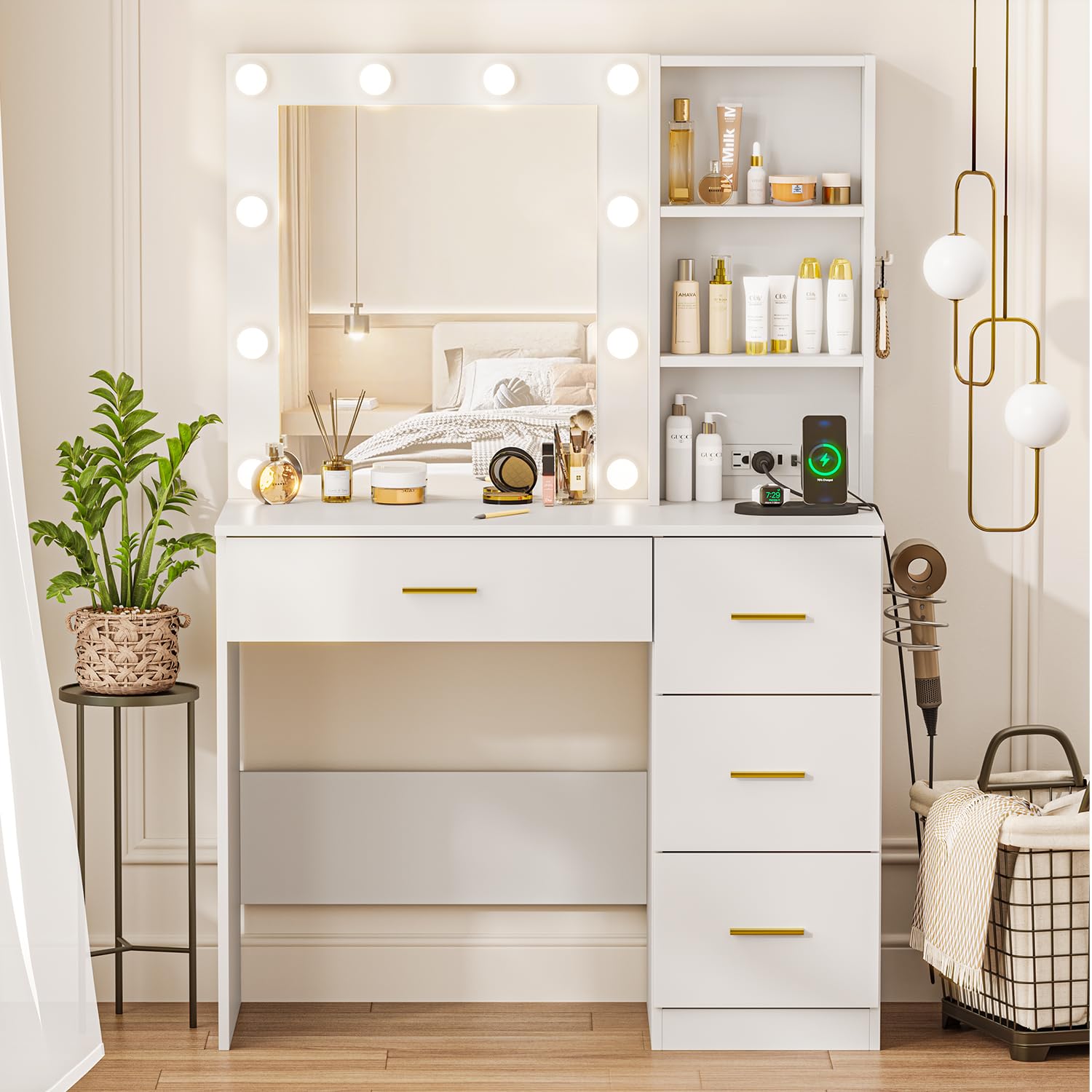 White Vanity Desk with LED Lighted Mirror - 37